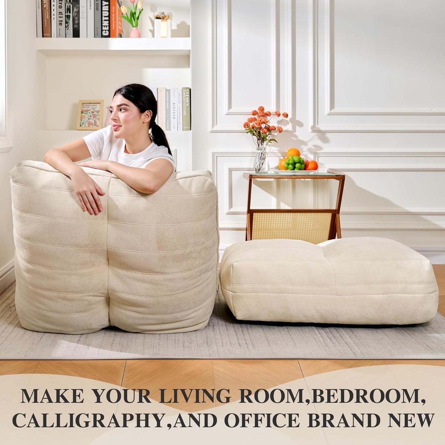 Bean Bag Chair with Ottoman, Comfy Bean Bag Sofa with Memory Foam, Lazy BeanBag Sofa with Footstool, Fireside Bean Bag Couch for Living Room, Bedroom, Apartment (Off White)