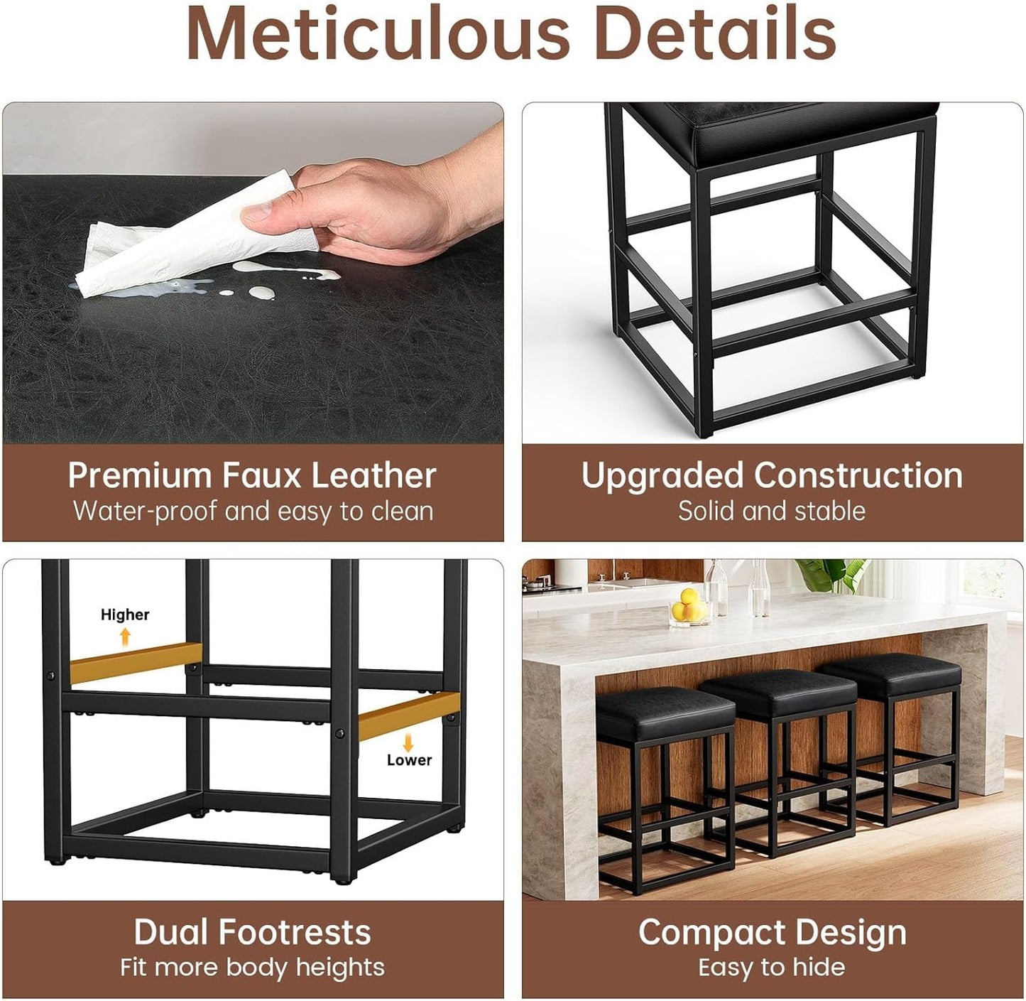 Counter Height Bar Stools Set of 3, 24" Barstools for Kitchen Countertop, Faux Leather Counter Stools with Thick Square Seats & Sturdy Metal Base, Simple Assembly, Black