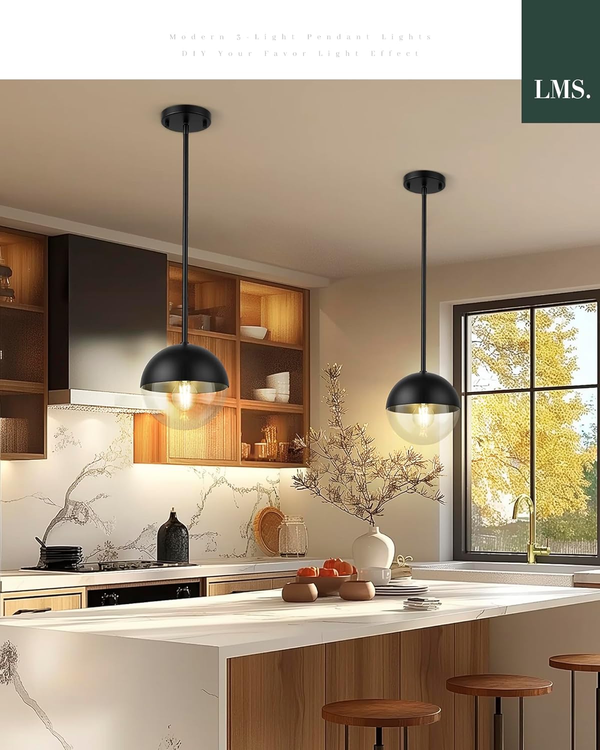 LMS Modern Pendant Lights, Matte Black Kitchen Island Pendant Light Fixtures, Adjustable Hanging Rod Ceiling Light for Dining Room Bathroom Bedroom, LMS-186BKC