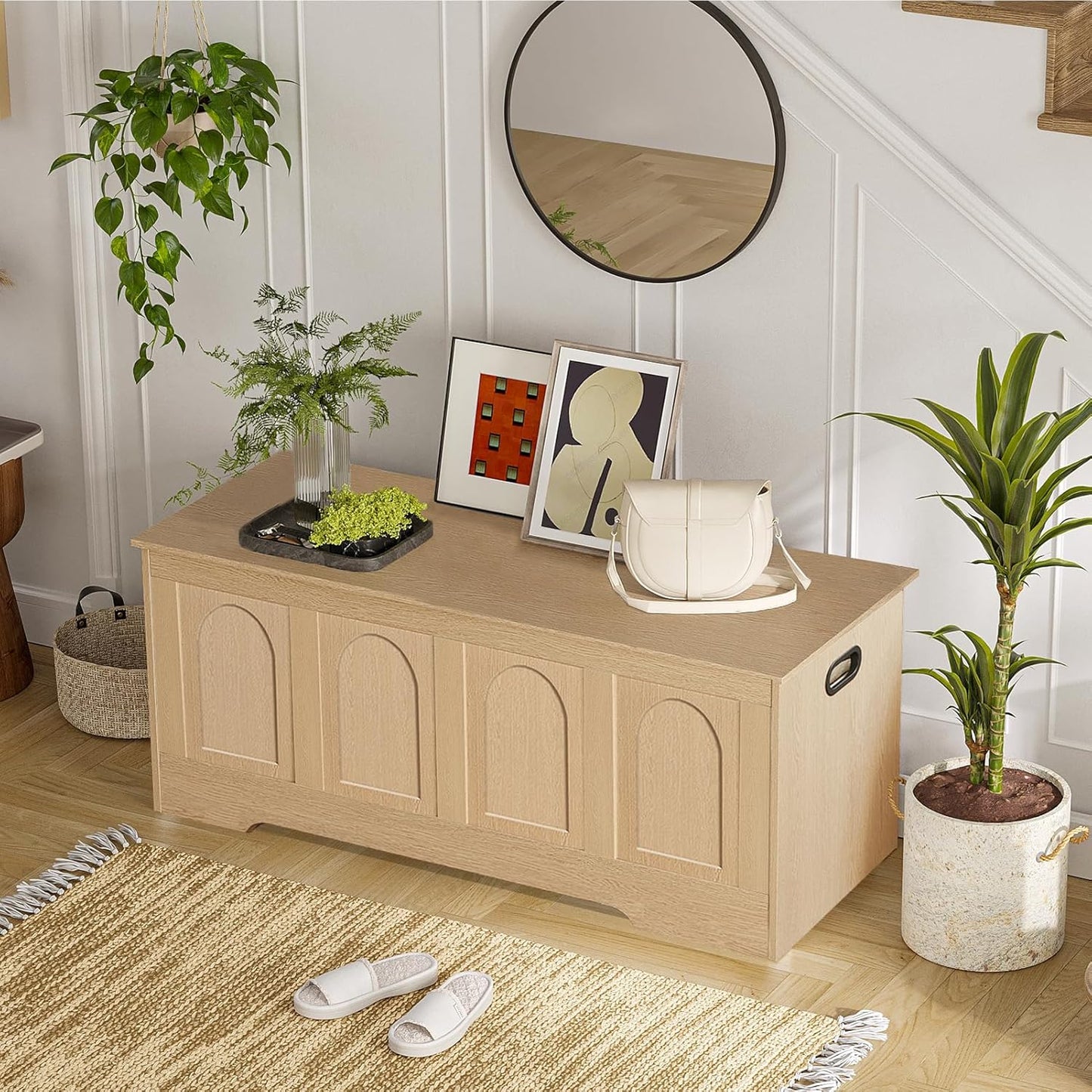 DINZI LVJ Storage Chest, 47.2”Wooden Storage Box with 2 Safety Hinges, Entryway Shoe Bench with Flip-Top, Large Trunk for Living Room, Bedroom, Easy Assembly, Natural