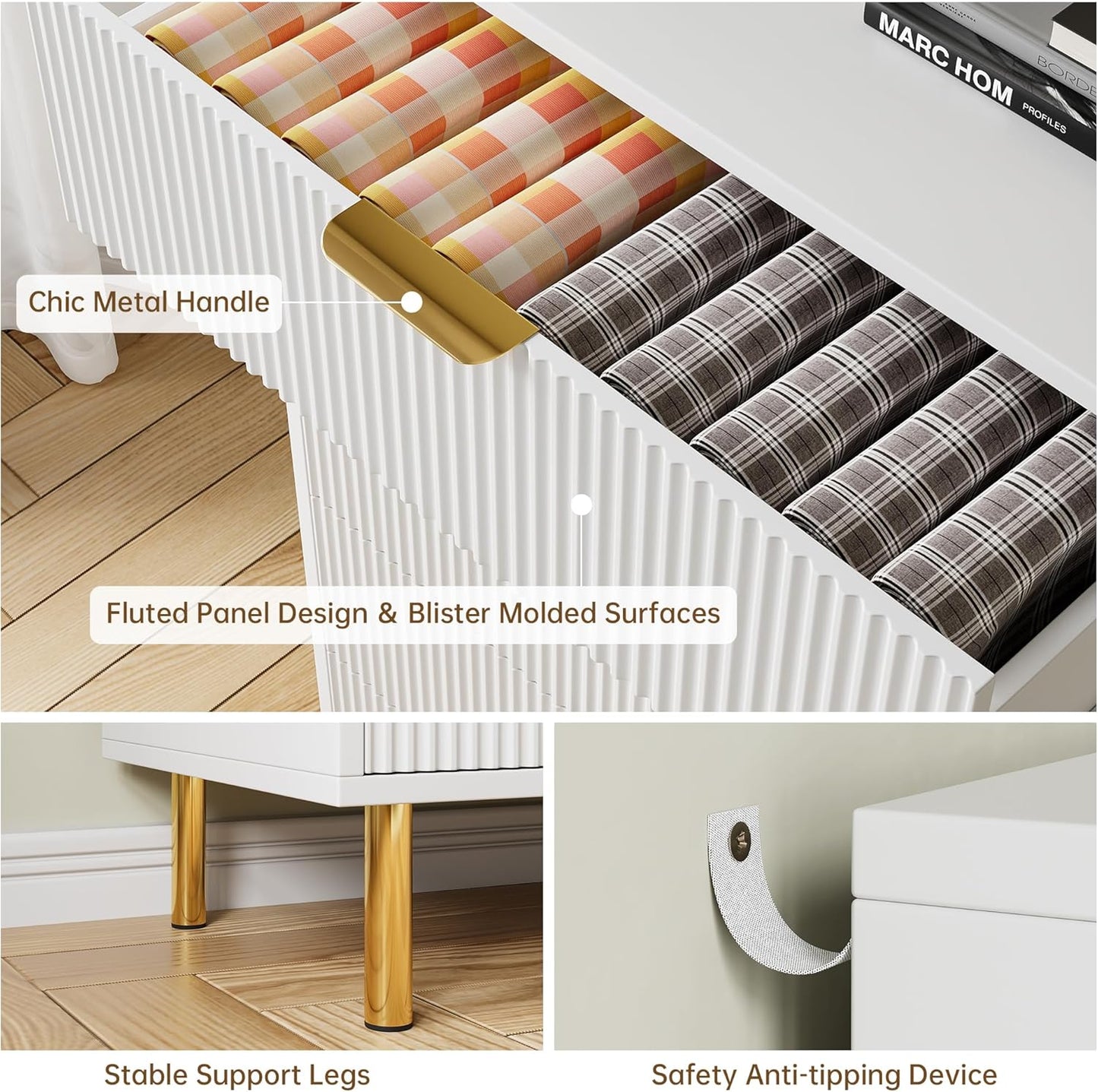 GarveeHome White Dresser, Modern 6 Drawer Dresser for Bedroom with Gold Handle and Large Drawer, Wood Double Chest of Drawers and Storage Organizer for Living Room, Hallway, Entryway