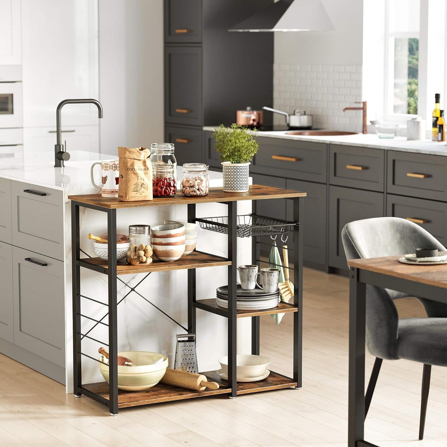 VASAGLE ALINRU Kitchen Baker’s Rack, Coffee Bar, Microwave Oven Stand, with Steel Frame, Wire Basket, 6 Hooks, 35.4", Rustic Brown