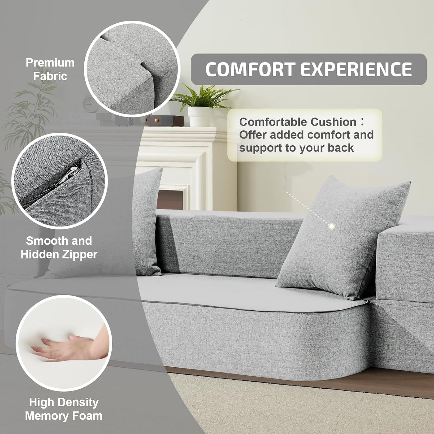 2-in-1 Folding Sofa Bed with Pillows - Folding Chair Floor Couch & Sleeping Mattress - Washable Cover & Memory Foam Sleeper Chair for Living Room/Guest Room/Apartment/Loft, Light Gray, Twin