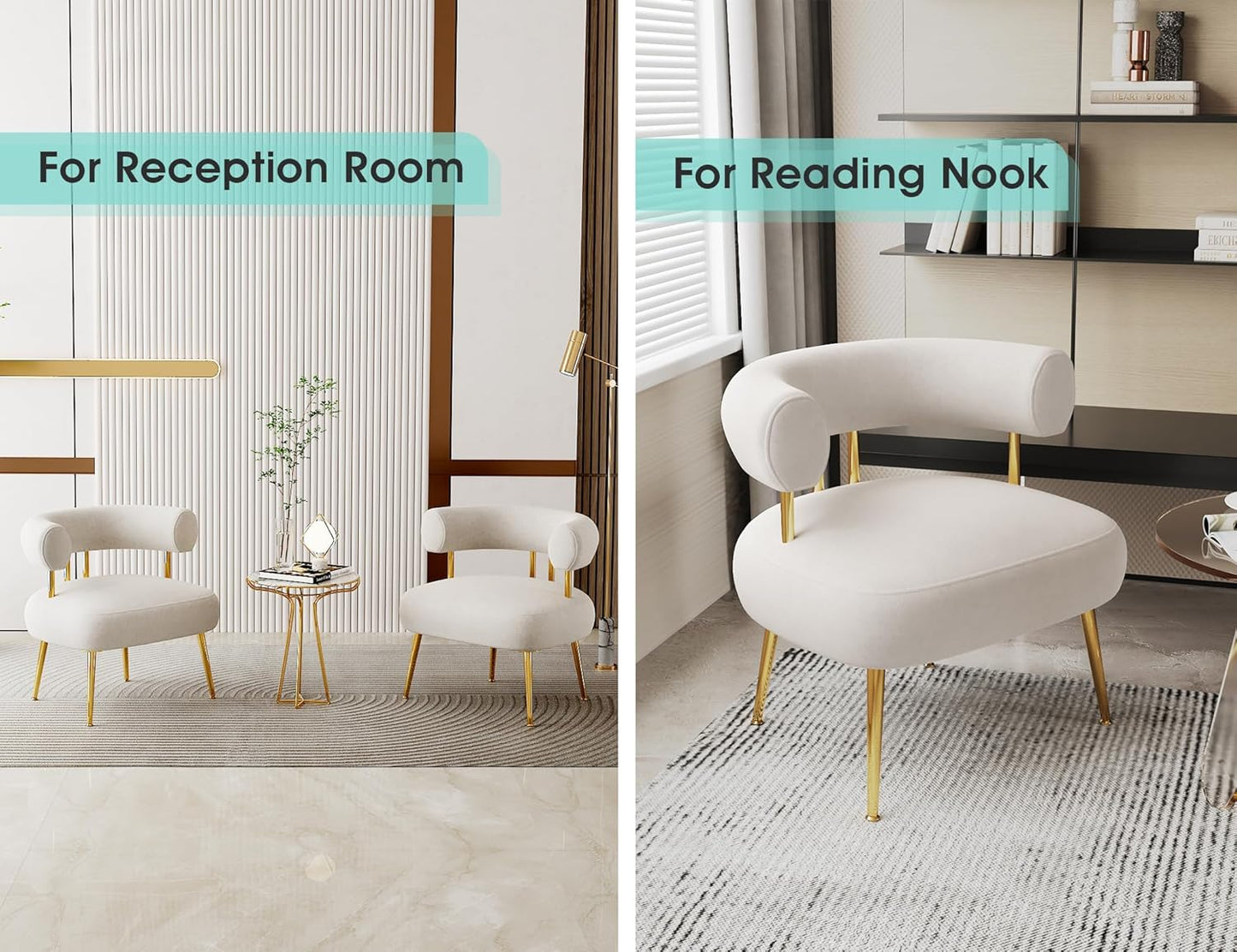 Modern Velvet Accent Chair, Round Upholstered Barrel Armchair for Small Spaces, Fluffy Side Corner Sofa Chair for Living Room, Bedroom, Vanity, Office, Reading Nook(Cream White)