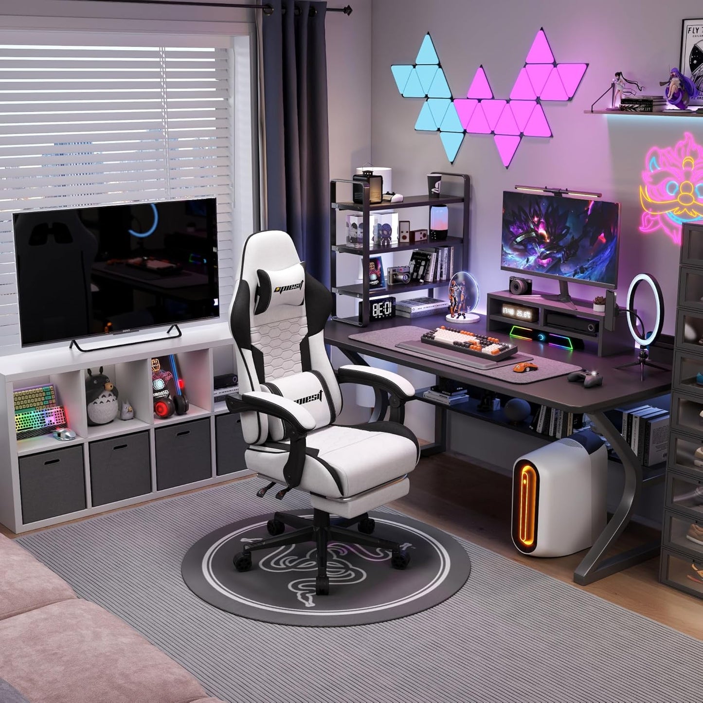 Gaming Chair, Computer Chairs for Adults with Lumbar Support and Massager, Comfortable Gamer Chair with Footrest & Pocket Spring Cushion, Ergonomic Home Office Chair, White, Fabric