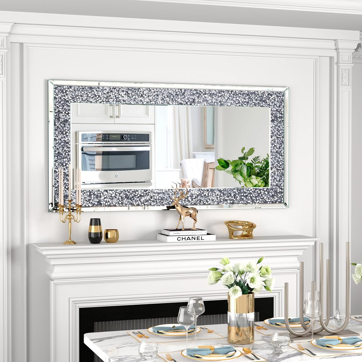 Crystal Crush Diamond Wall Mirror-47 x24 Silver Mirror, Gorgeous Rectangle Mirrors for Wall Bathroom, Bedroom, Dining Room and Living Room