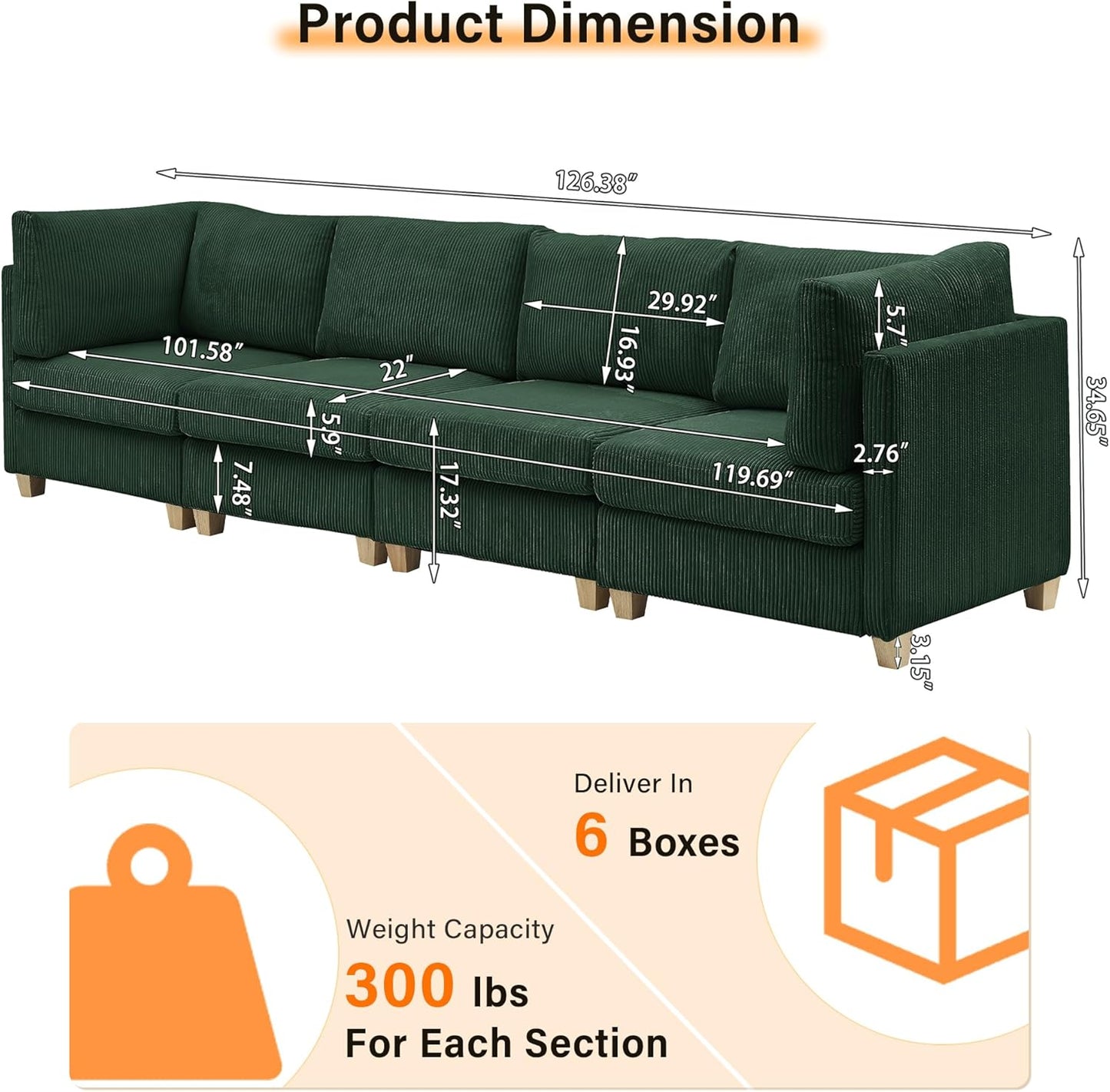 126" Convertible L-Shaped Modular Sectional Sofa, 4 Seater Corduroy Upholstered Corner Sofa Couch with Extra Wide Deep Seat, DIY Combination Lounger Sofa with Solid Wood Legs for Living Room Office