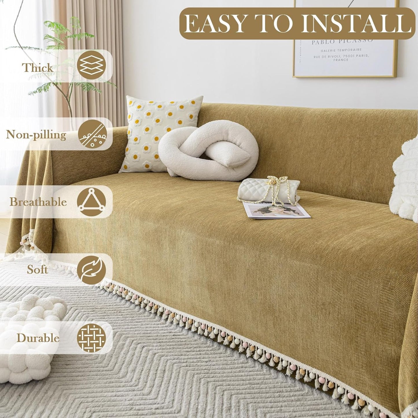 HANDONTIME Couch Covers for Pets Boho Mustard Yellow Love Seat Couch Covers Brown Sofa Cover for Dogs Pet Couch Protector Chenille Tassel Sofa Slipcovers Sofa Throw Cover Boho Decor for Living Room