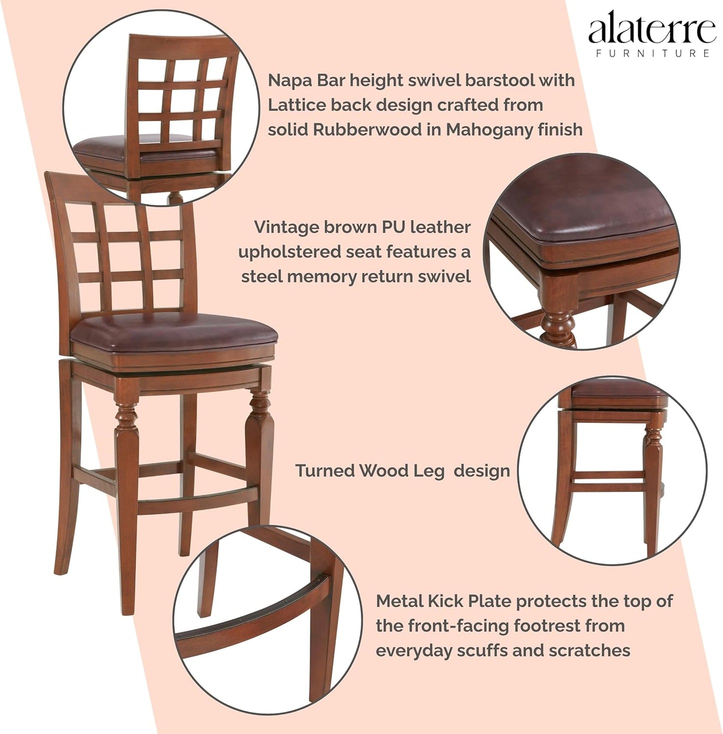 Alaterre Furniture Napa Bar Height Swivel Stool with Back – Faux Leather Upholstered Seat Barstool with Memory Return, Turned Wood Legs, Lattice Back Design, and Metal Kick Plate for Kitchen Islands