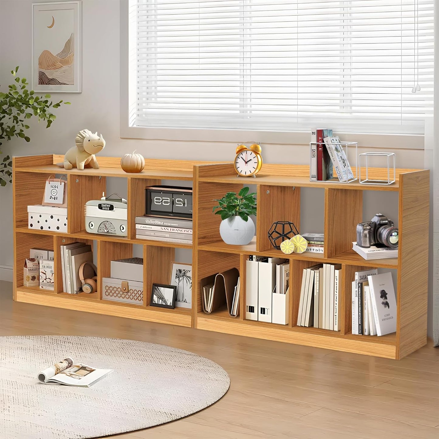 DOUSY- 7 Cube Bookshelf, Open Wooden Bookcase with Base, 2 Tier Cube Shelf Storage Organizer Shelf Display Rack Freestanding Horizontal Bookshelves for Bedroom, Living Room, Home Office