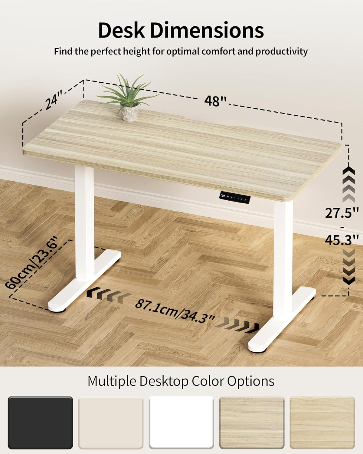 Okin Standing Desk Electric Adjustable Computer Desks, Whole Piece Stand up Desk Office Gaming Home Office Memory Desks 48x24 inches Cream Pecans