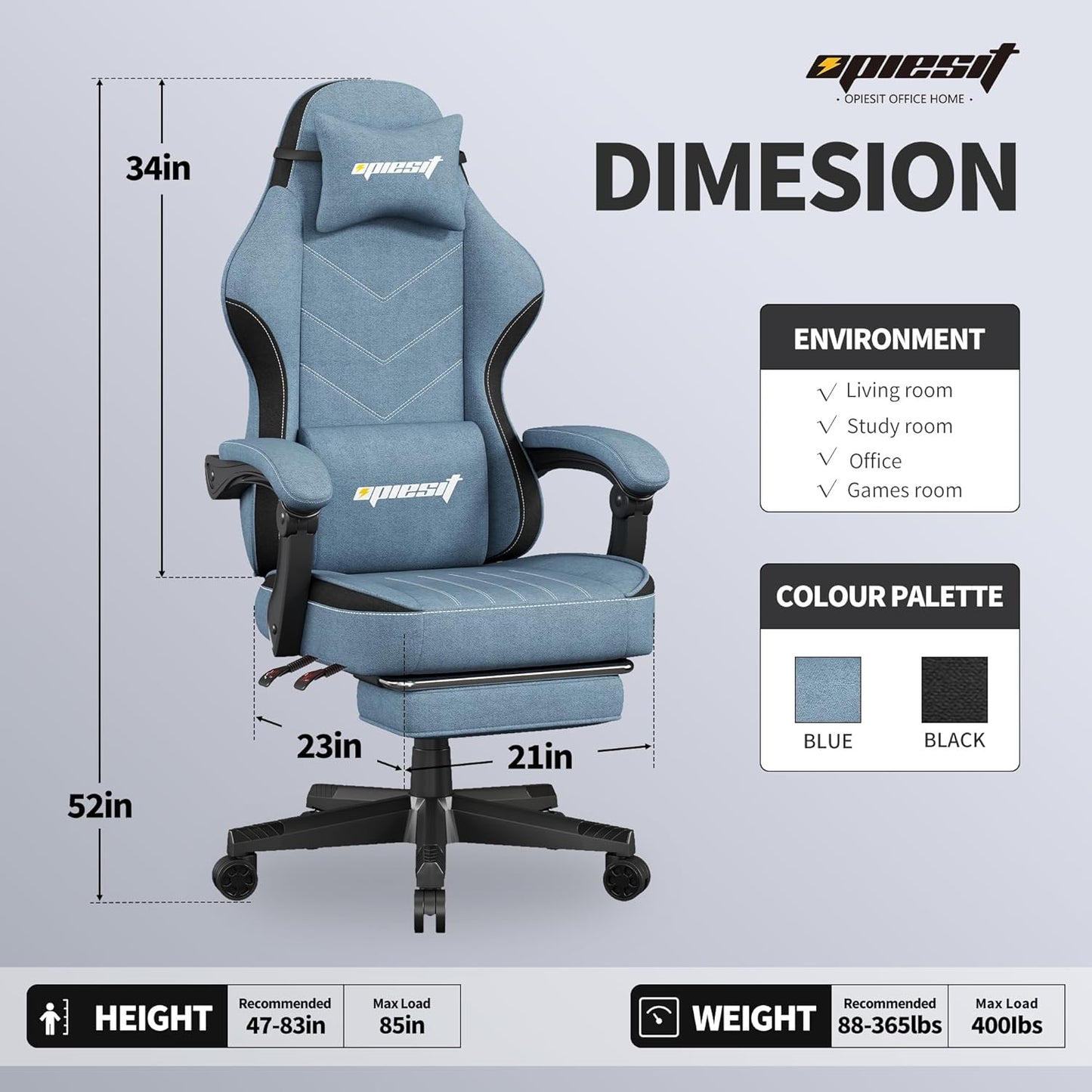 Gaming Chair,Fabric Computer Chair with Pocket Spring Cushion,400 lb Load Capacity,Ergonomic Office Chair with Footrest,Height Adjustable Video Gamer Chair with Lumbar Support (Blue)