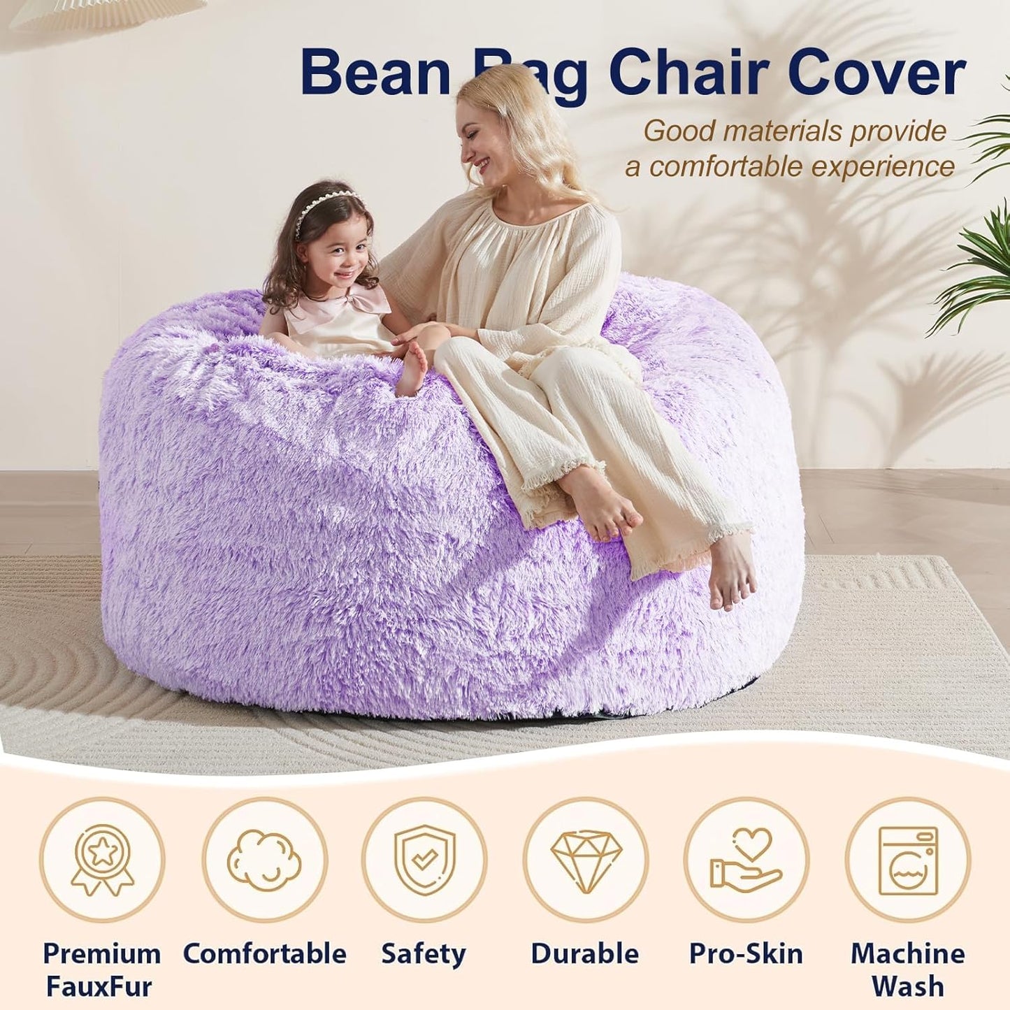 5FT Bean Bag Cover for Stuffed Animals Machine Washable, Gaming Bean Bag Chairs for Adults Teens Girls, Lovely Cute Bean Bag Storage Stuffed Animal, Purple