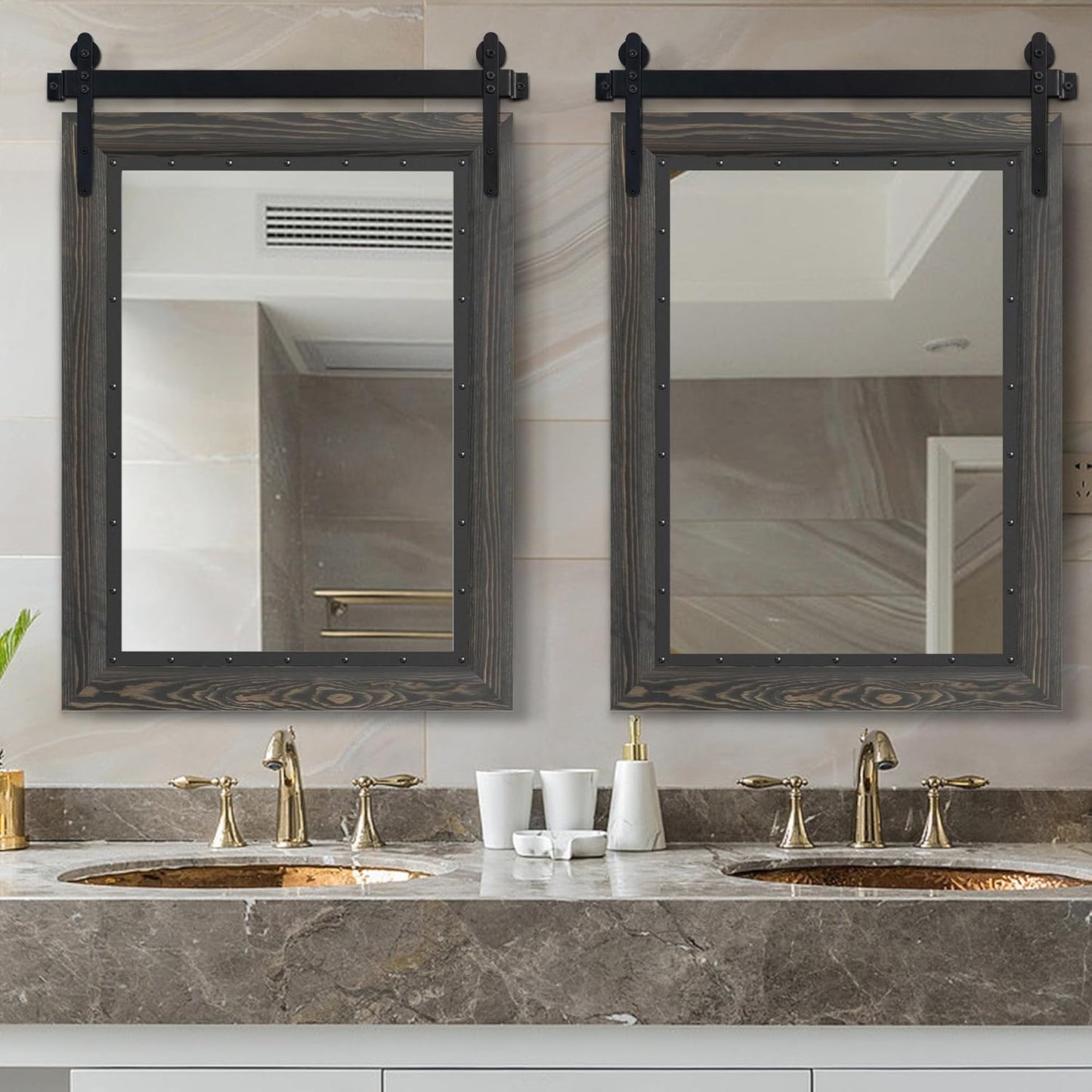 YOSHOOT Farmhouse Barn Door Mirror, 32"x24" Rustic Bathroom Mirror, Wood Frame Wall Mirror, Wooden Mirror for Living Room Bedroom Entryway Wall Décor, Vertical Hanging ONLY