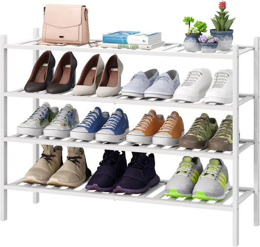 Shoe Rack for Entryway,Shoe Organizer for Hallway Closet, Free Standing Shoe Racks for Indoor Outdoor (White, 4-Tier Long)