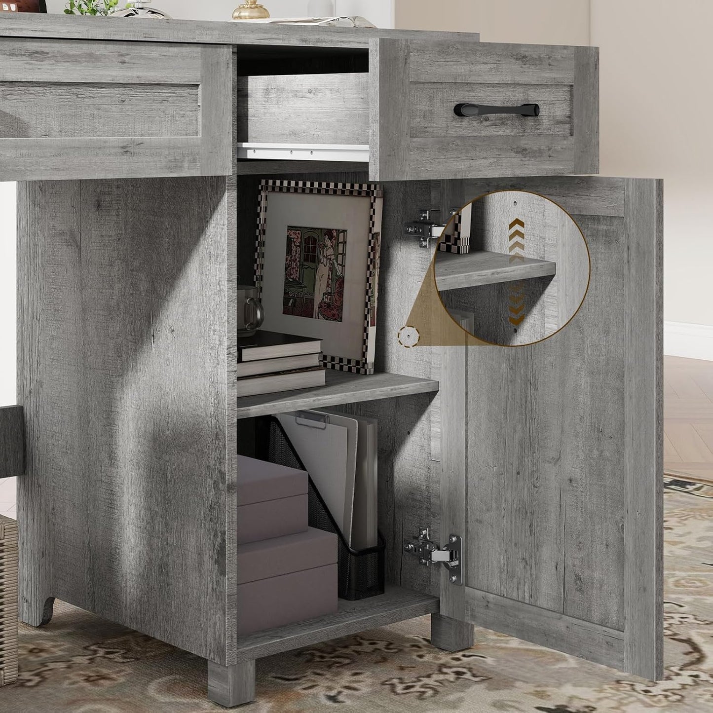 Farmhouse 47" Executive Desk, Computer Desk with Drawers and Storage Cabinet, Workstation Computer Desk for Home Office and Study.(Grey)