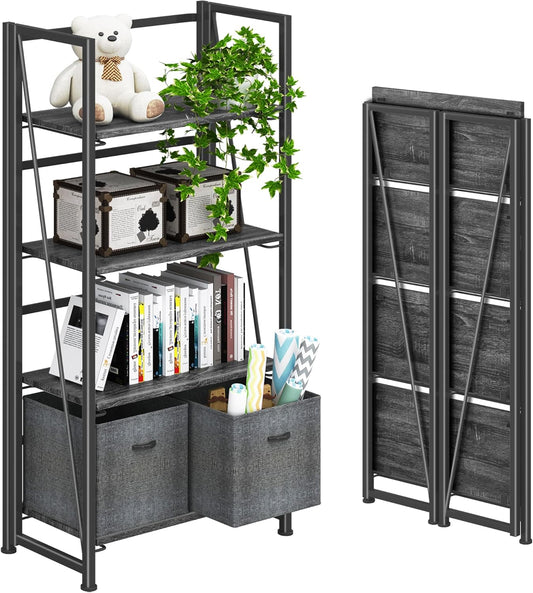 4NM No-Assembly Folding Bookshelf Storage Shelves 4 Tiers Vintage Bookcase Standing Racks Study Organizer Home Office (Gray Black)