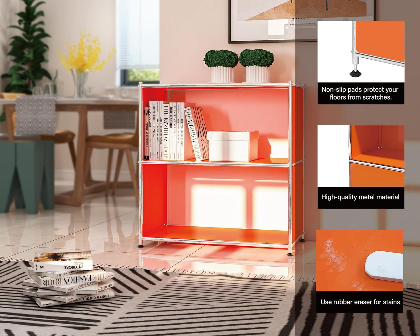 32-Inch 2-Tier Metal Bookcase, Open Shelf Storage Organizer for Living Room, Bedroom, Side Table or Nightstand Use, Modern DIY Assembly, Orange