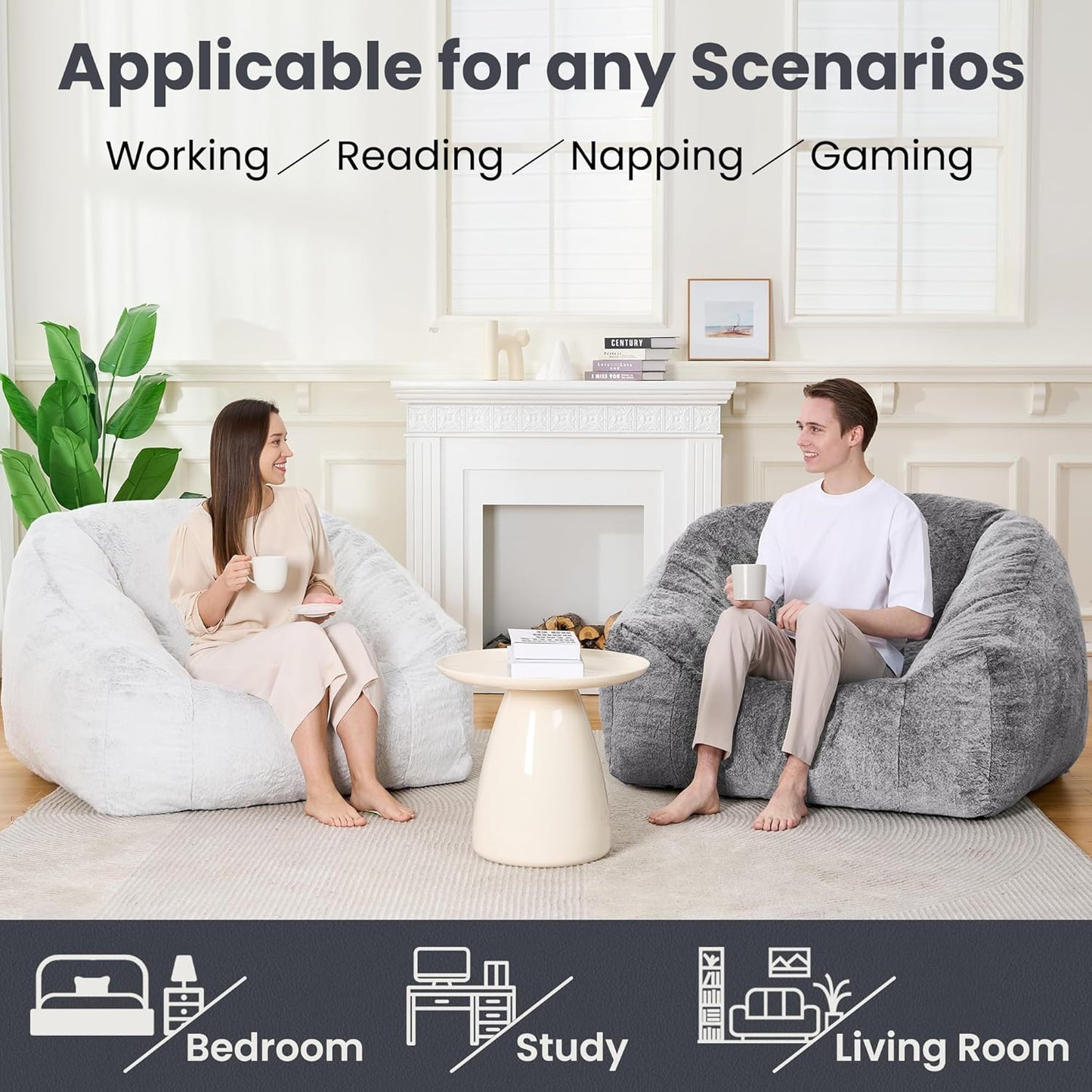 Bean Bag Chairs for Adults, Giant Beanbag Sofa Comfy Reading Chair, Oversized Bean Bag Chairs for Living Room Bedroom, Soft Faux Fur Fabric, 3.2FT, Dark Grey, Plush