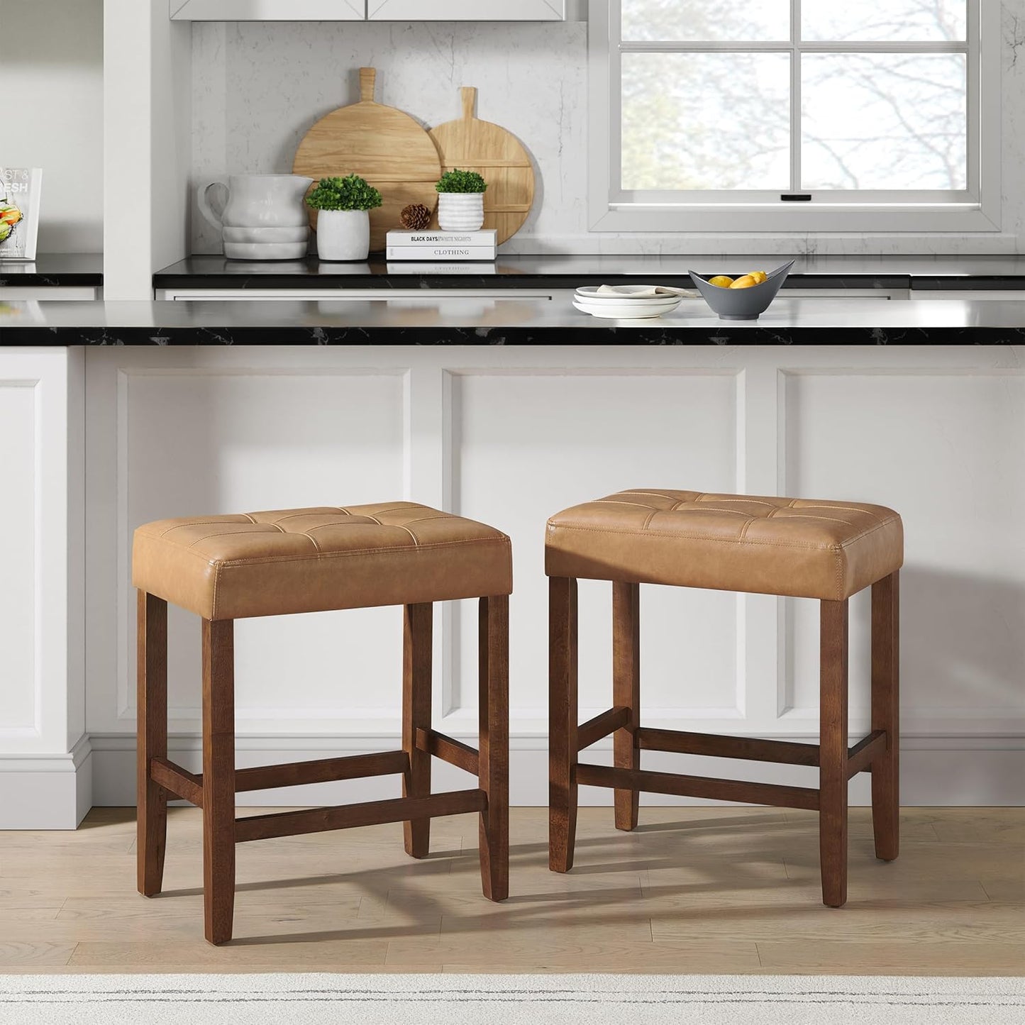 Alaterre Furniture Madison 25-Inch Bar Stool with Faux Leather Seat - Counter Height Stool for Kitchen Island or Bar - Backless Barstools (Cognac/Walnut)