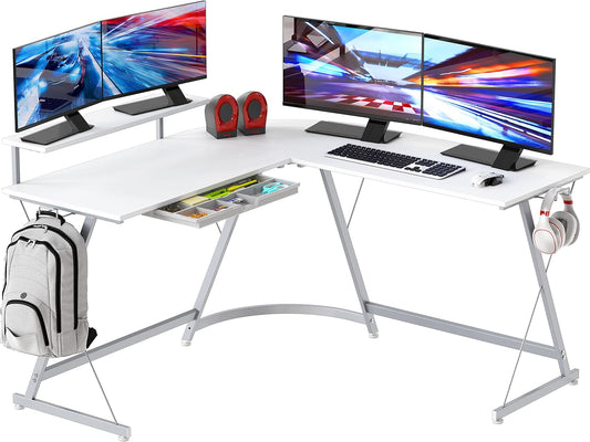 SHW 51 x 51 Inches Vista L-Shaped Desk with Monitor Stand and Drawer, White