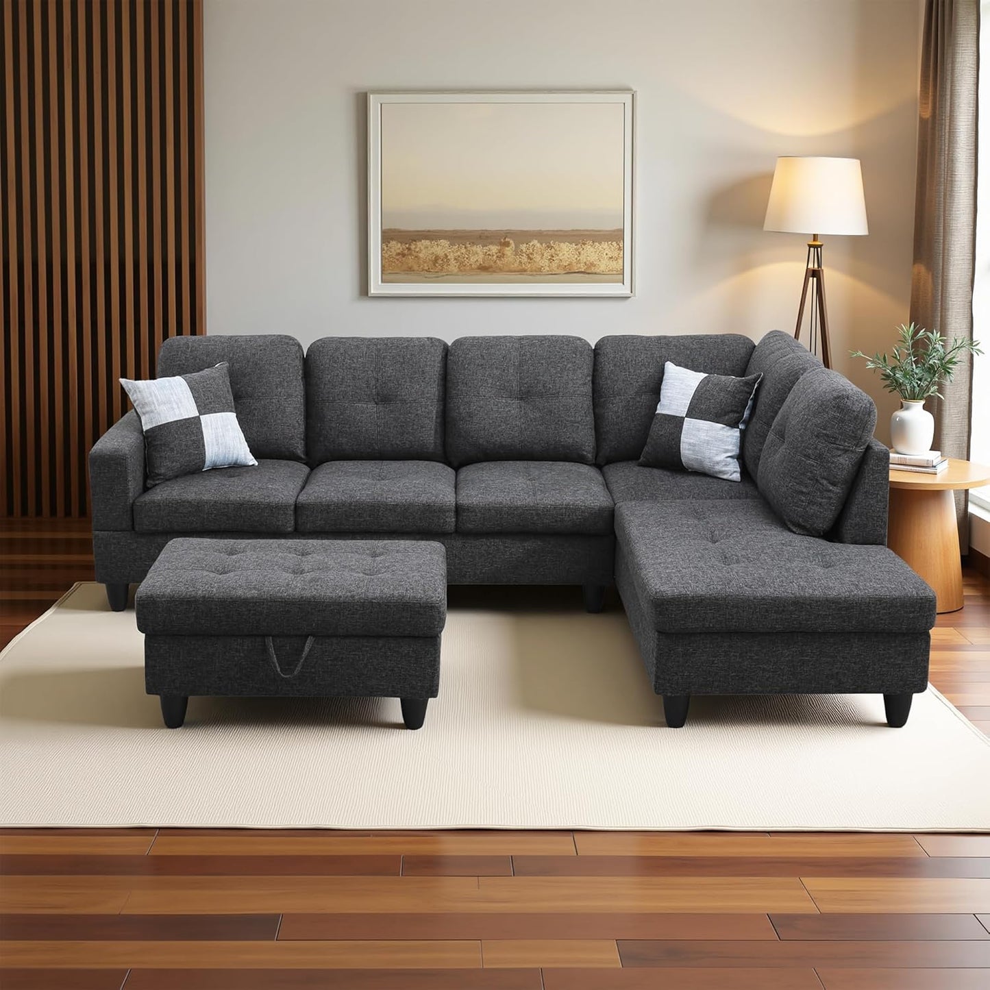 Couches for Living Room Modern L Shaped Couch Comfy Linen Fabric 3 Pieces Sectional Sofa with Chaise, Ottoman with Storage for Office and Small Apartment, Black Grey