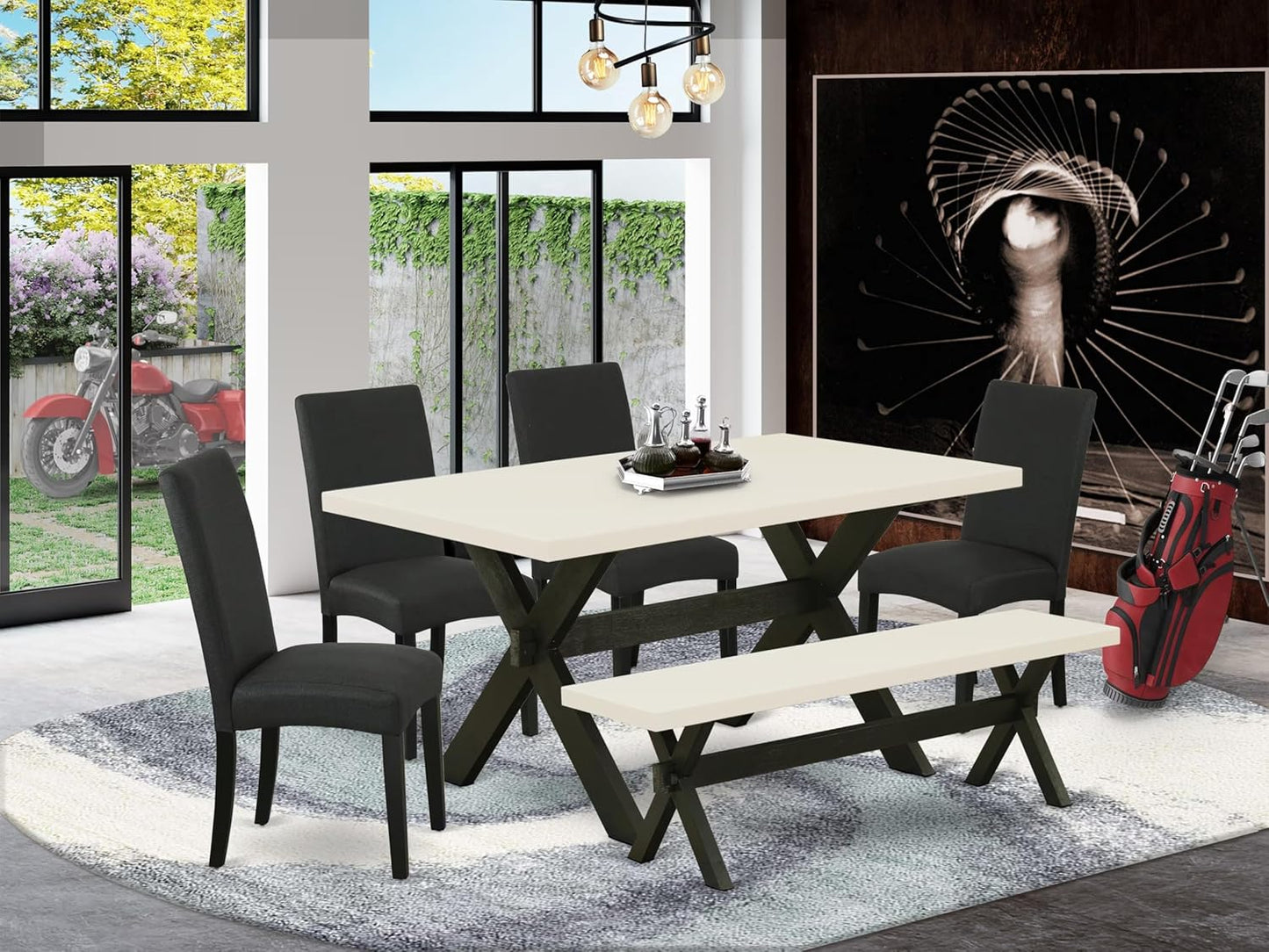 East West Furniture X626DR124-6 6 Piece Dining Table Set Contains a Rectangle Kitchen Table with X-Legs and 4 Black Color Linen Fabric Parson Chairs with a Bench, 36x60 Inch, Multi-Color