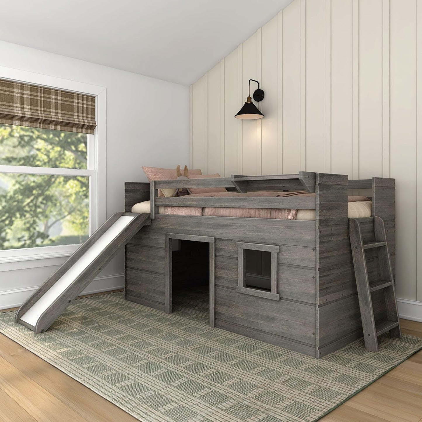 Max & Lily Loft Bed Twin Size, Solid Wood Low Loft Bed with Slide and Ladder, Modern Farmhouse Loft Bed for Kids, Driftwood