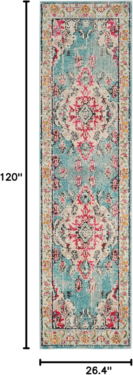 SAFAVIEH Monaco Collection Runner Rug - 2'2" x 10', Light Blue & Fuchsia, Medallion Distressed Design, Non-Shedding & Easy Care, Ideal for High Traffic Areas in Living Room, Bedroom (MNC243J)