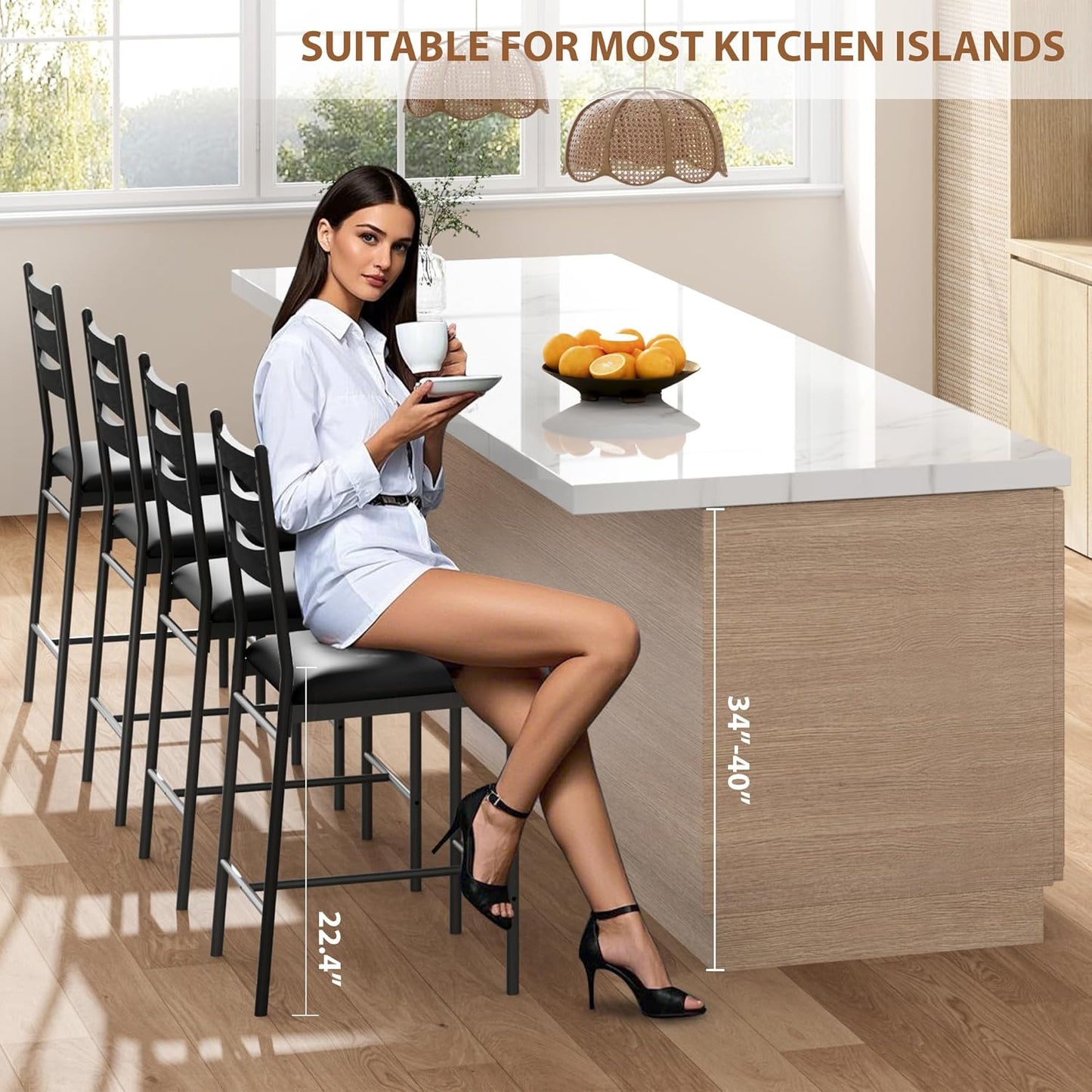 GarveeHome Bar Stools Set of 4, Wooden Barstools, Faux Leather Upholstered Bar Chair with Back & Footrest & Thick Cushion, Counter Height Bar Stools for Kitchen Island Apartment, Black