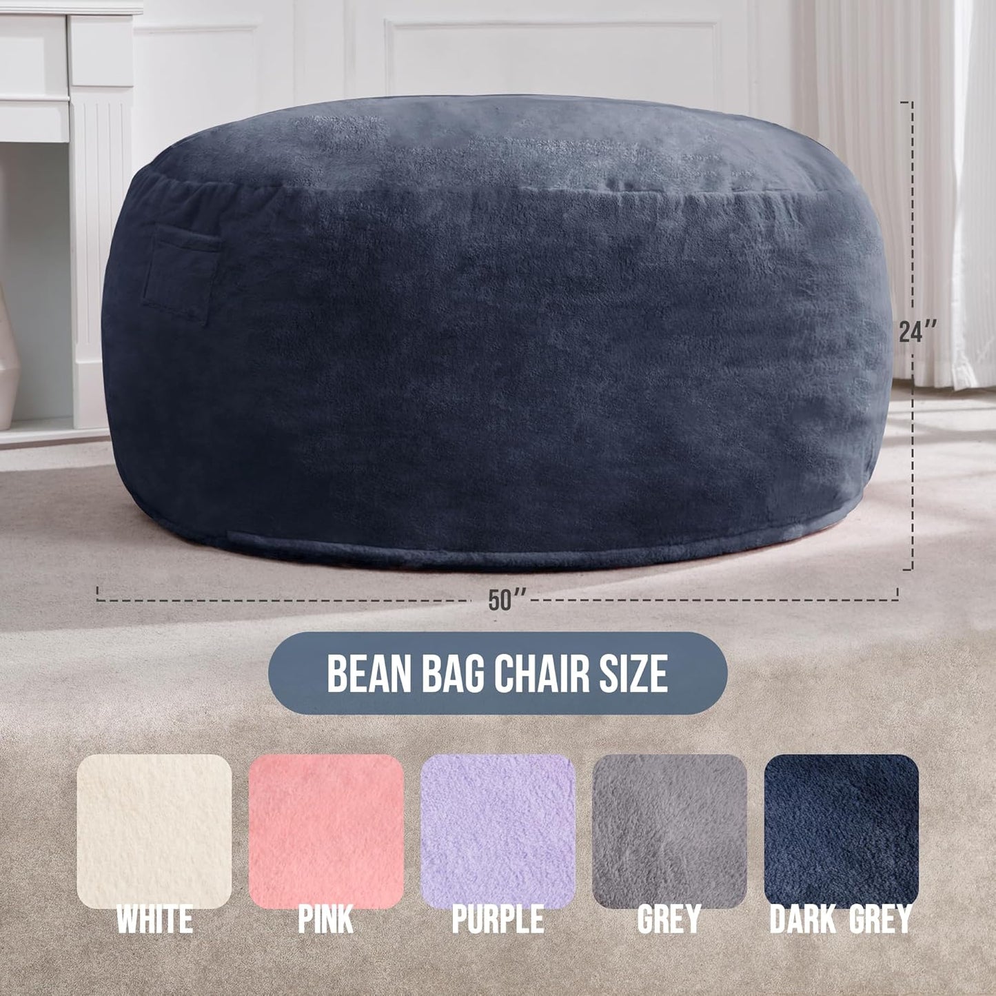 Hobestluk 5ft Bean Bag Chairs for Adults Large Beanbag Chair with Plush Faux Fur Cover Big Bean Bag Chair for Living Room Bedroom Dorm Office - Dark Grey (50” x 50” x 24”)