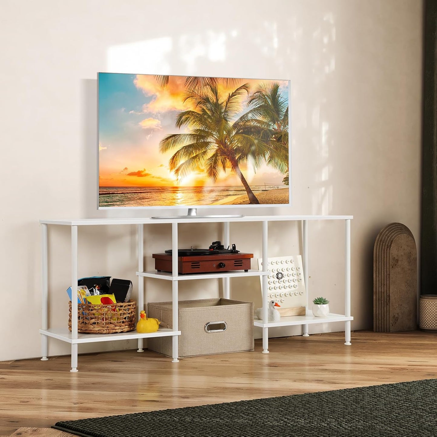 BTY White TV Stand for Bedroom 3 Tier Small Entertainment Center with Storage Industrial TV Media Console Table for 50 Inch TVs, Living Room, Small Space