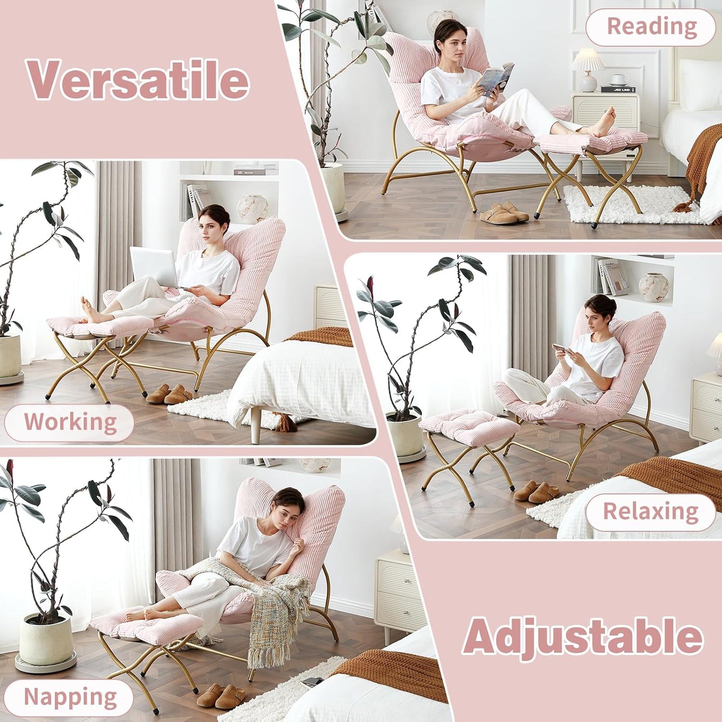 Welnow Accent Chair with Ottoman, Lounge Comfy Soft Leisure Metal Frame Reading Chair with Footrest, Upholstered Thick Cushion Seated Recliner Sofa for Living Room, Bedroom, Dorm, Pink