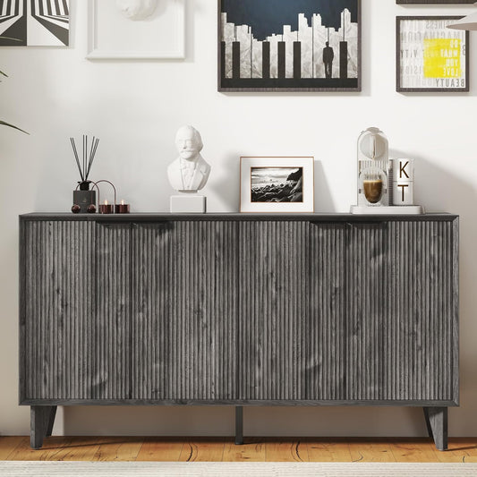 Fluted Cabinet with Storage, Buffet Storage with 4 Doors, Buffet Sideborad Accent Cabinet with Adjustable Shelves for Living Room, Kitchen, Entry, Hallway, Black&Grey