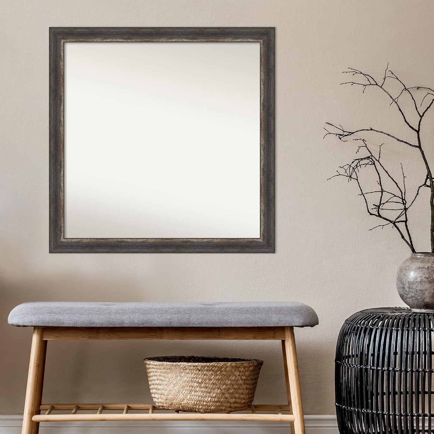 Amanti Art Brown Bathroom Mirror for Over Sink, 31x31 Bark Rustic Char Square Vanity Mirror, Large Country Rustic Frame, Hangs Horizonally and Vertically, Bathroom Wall Decor, Non-Beveled Edge