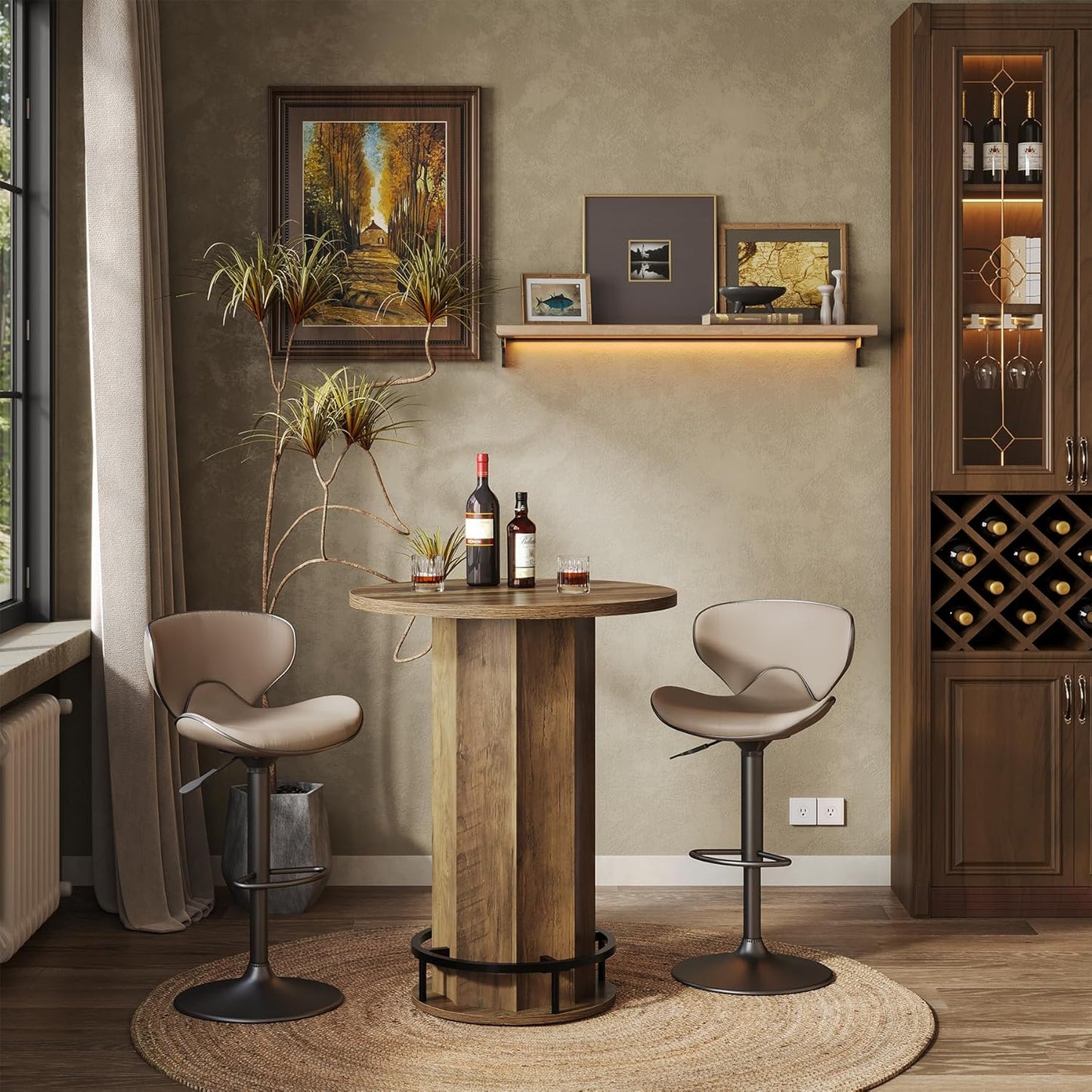 LITTLE TREE Round Bar Table, 39.4" H Wooden Bistro Pub Table with Round Metal Footrest, Small Pub Cocktail Table for Dining Coffee Living Room, Apartment, Balcony, Rustic Brown