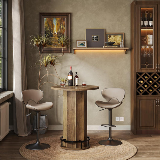 LITTLE TREE Round Bar Table, 39.4" H Wooden Bistro Pub Table with Round Metal Footrest, Small Pub Cocktail Table for Dining Coffee Living Room, Apartment, Balcony, Rustic Brown