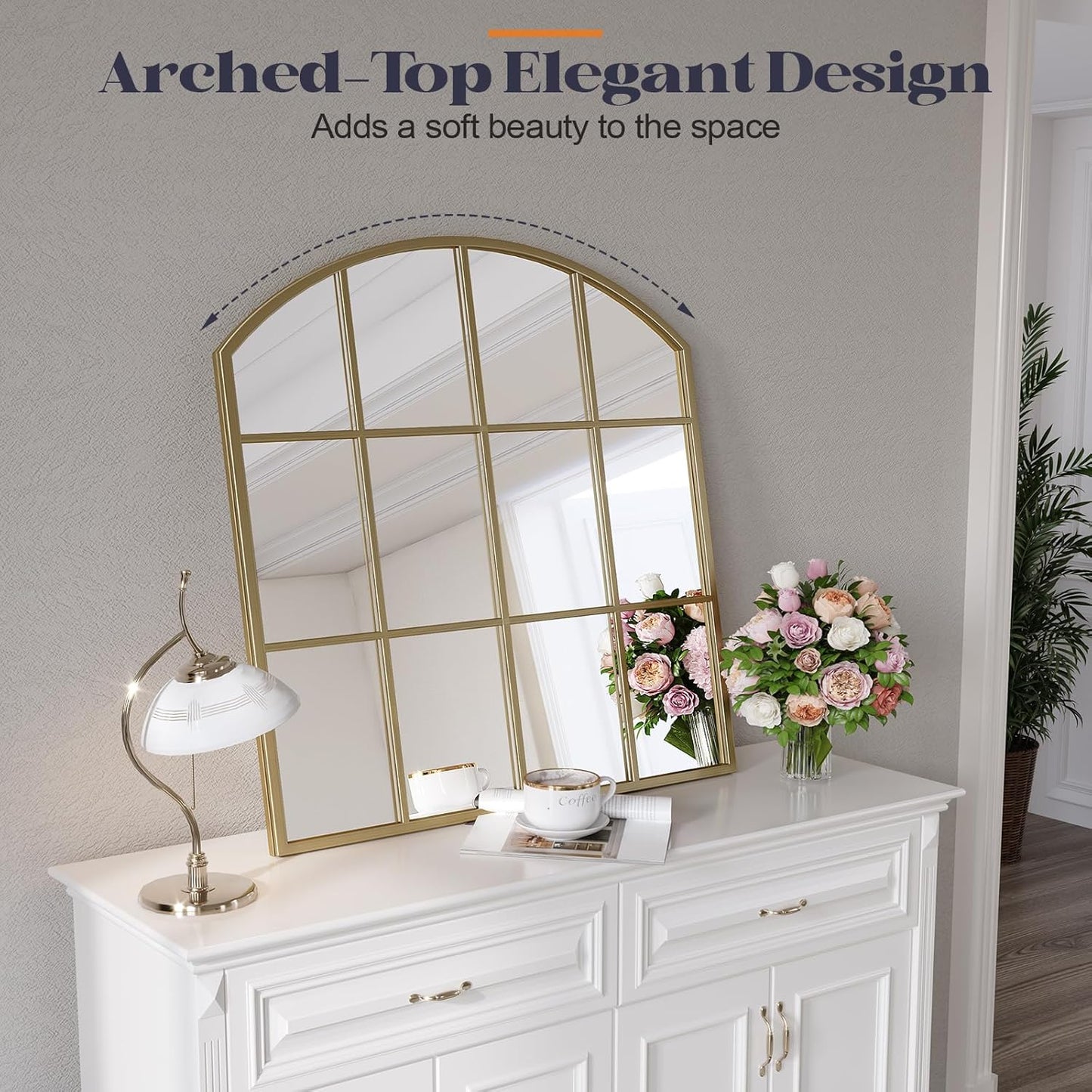 Wide Window Pane Mirror, 28" x 32" Gold Arched Mirrors for Wall, Brass Grid Wall Large Decorative Mirror for Living Room Bedroom Farmhouse Fireplace Hallway Entryway