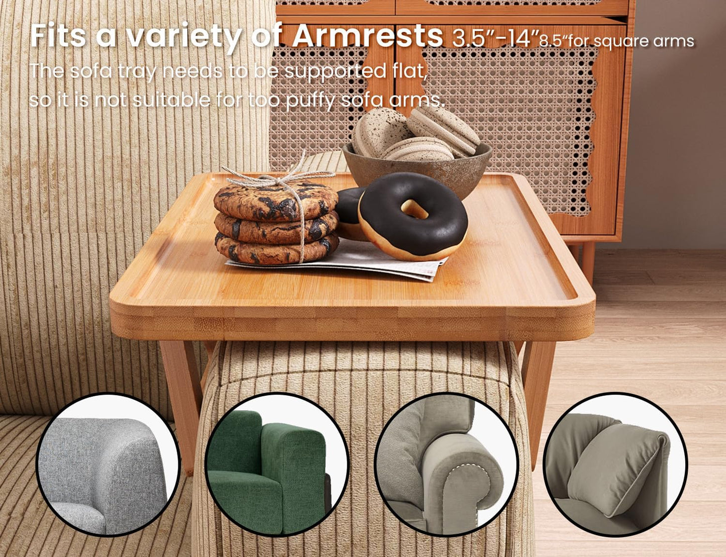 2 Pack Couch Arm Tray,Bamboo Folding Sofa Tray,Sofa Armrest Trays Clip-On Couch Desk for Drinks,Snacks,Phone,Remote Control（Natural）