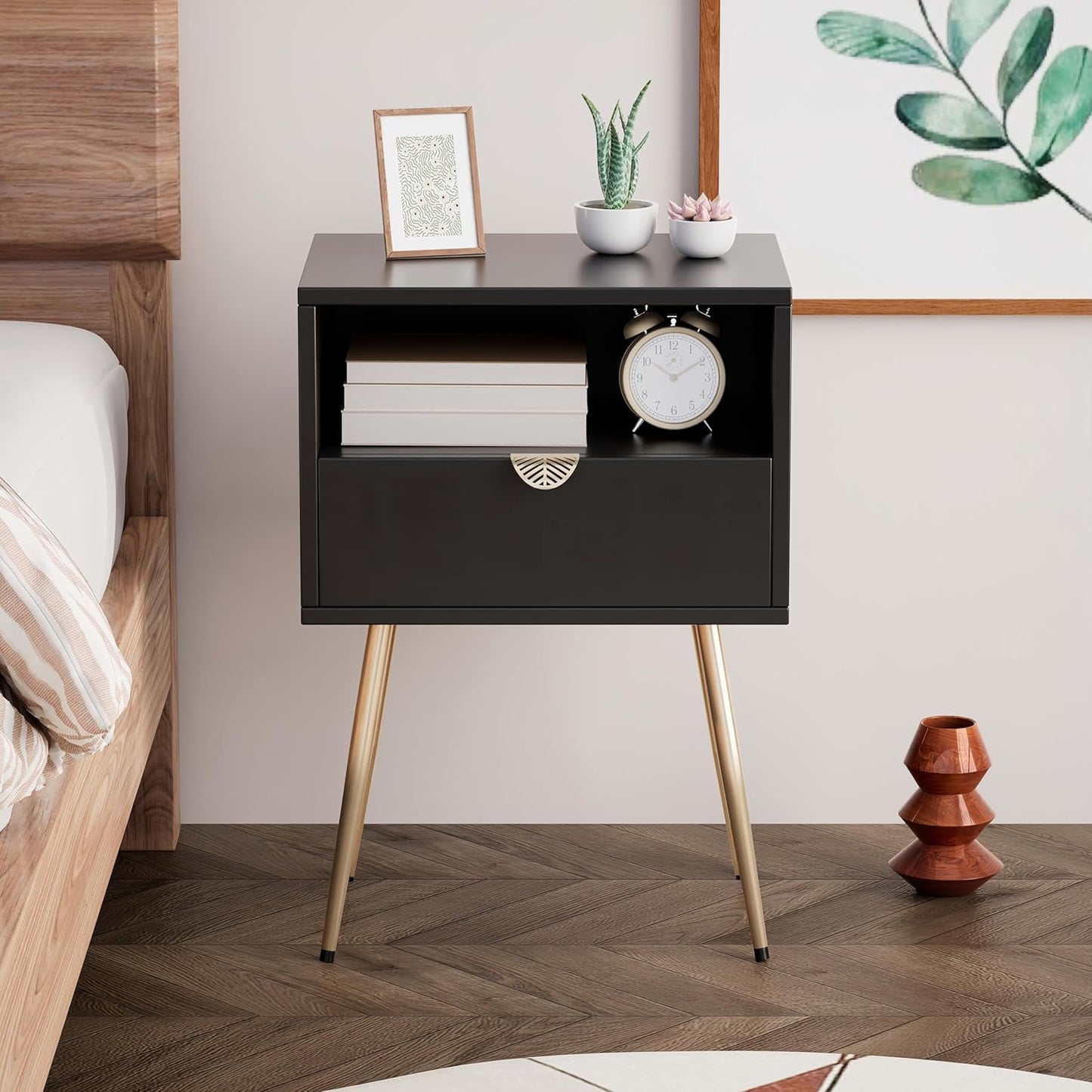 Cloud Space Mid Century Modern Nightstand, Black Nightstand with Drawer and Shelf, Versatile Wood Side End Table for Living Room, Lounge, Sturdy Construction, Easy Assembly