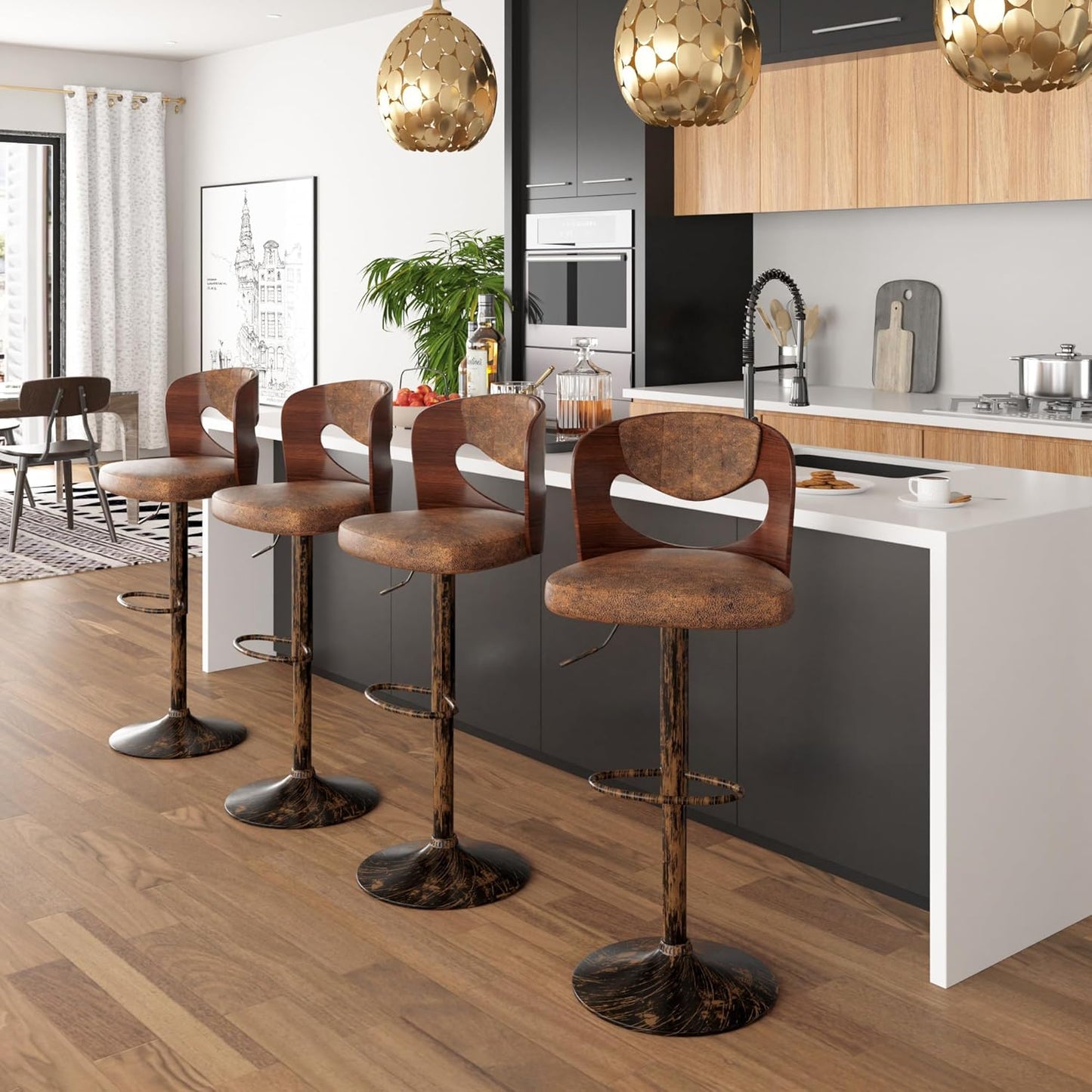 VECELO BarStools Set of 4,Kitchen Island Stools with Bentwood Back,Arm&Footrest,Counter Height Bar Chairs PU Leather Cushion Seat Adjustable Height 360°Swivel,Island Chairs for Club Pub,Rustic Brown