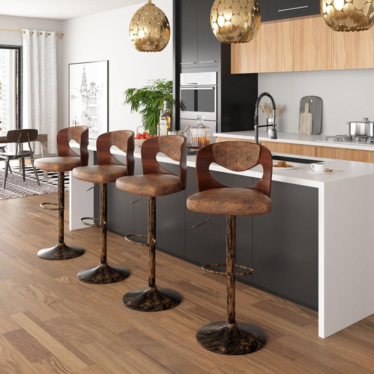 VECELO BarStools Set of 4,Kitchen Island Stools with Bentwood Back,Arm&Footrest,Counter Height Bar Chairs PU Leather Cushion Seat Adjustable Height 360°Swivel,Island Chairs for Club Pub,Rustic Brown