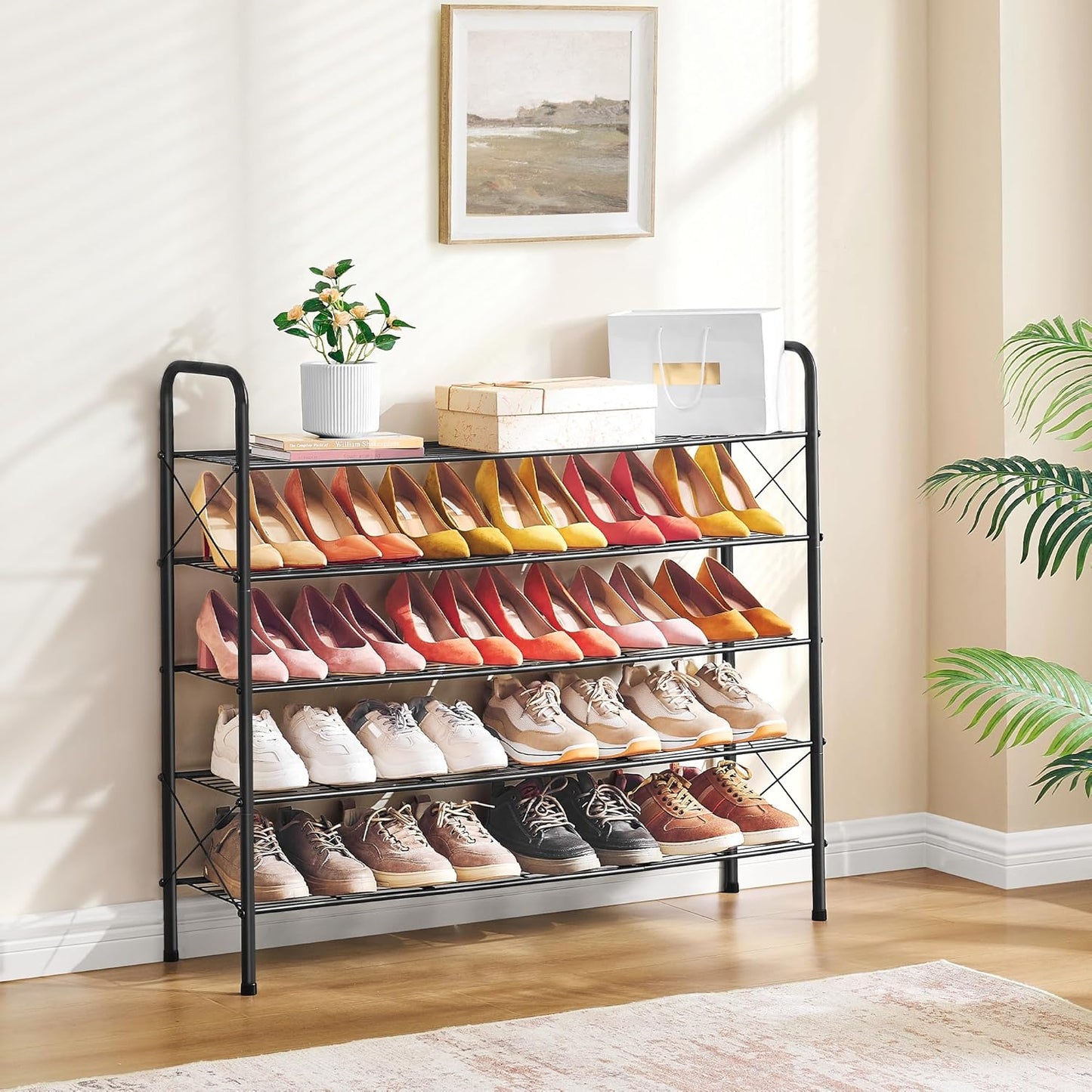 Hoctieon 5 Tier Mesh Style Shoe Rack, Entryway Shoe Shelf, Shoe Storage Organizer, Shoe Rack for Closet, Space Save for Bathroom, Garage, Hallway, Bedroom, Living Room, Black