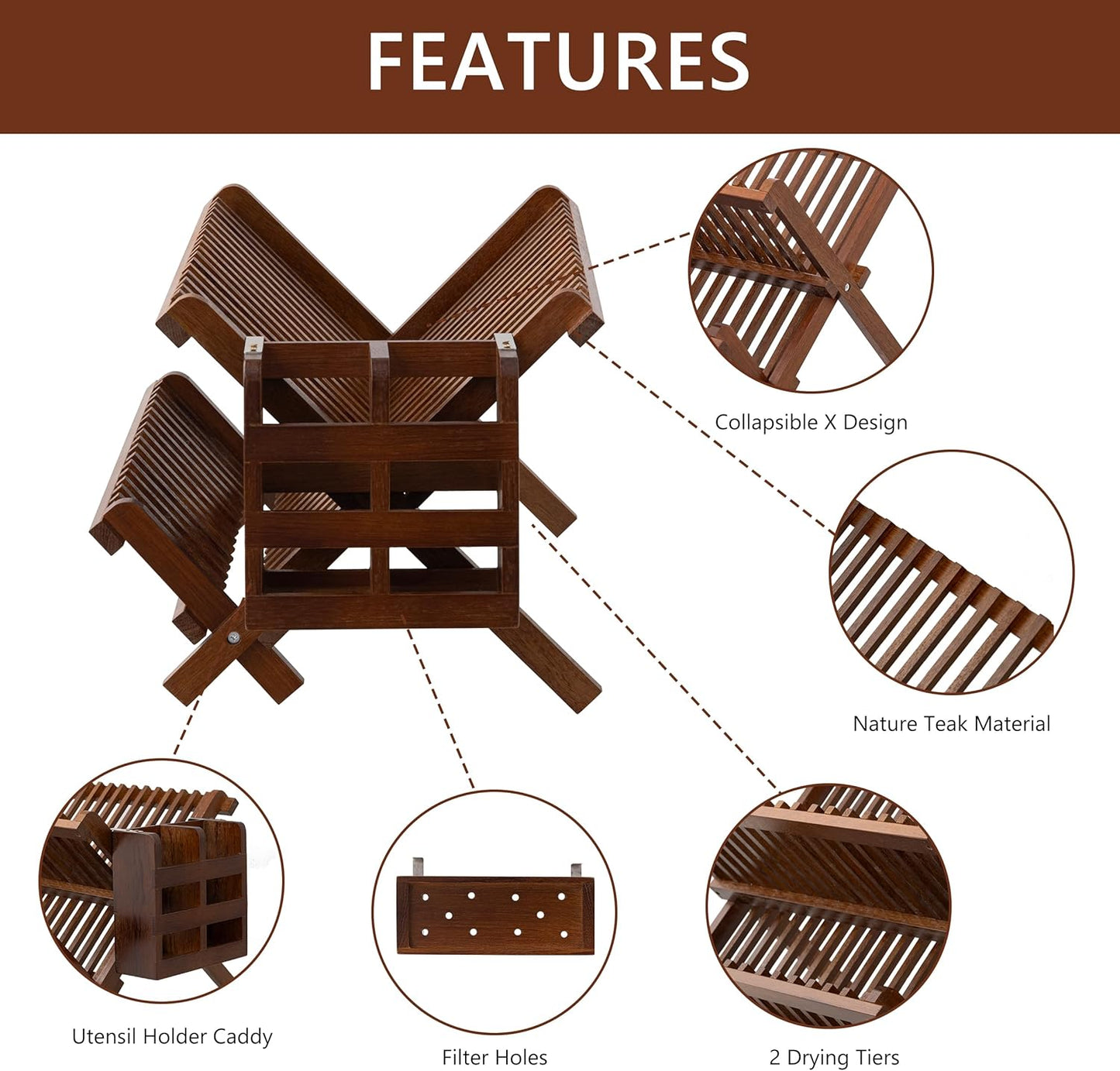 HBlife Dish Rack,Teak Folding 2-Tier Collapsible Drainer Dish Drying Rack with Utensils Flatware Holder Set