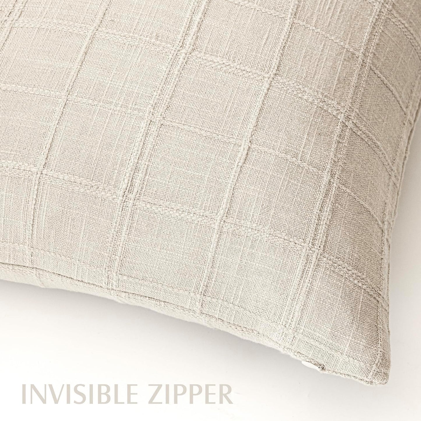 Foindtower Set of 2 Decorative Linen Check Throw Pillow Covers Neutral Farmhouse Vintage Cushion Covers Modern Boho Home Decor For Sofa Chair Couch Bedroom Living Room Outdoor,20×20 Inch,Natural Beige