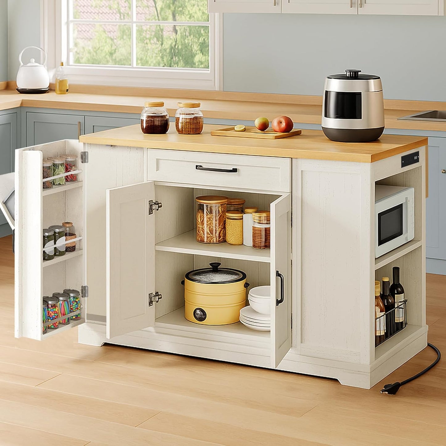 YITAHOME 50" Kitchen Island with Power Outlet & Drop Leaf, Rolling Island Cart with Trash Can Cabinet, Mobile Storage Islands with Microwave Rack, Door Storage Spice Rack, Retro White