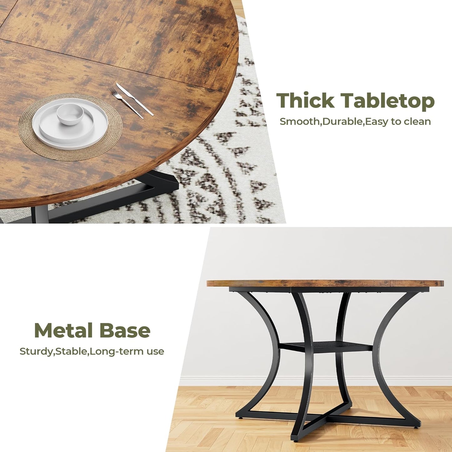 IRONCK 47.2" Round Dining Table for 4, Wood Kitchen Table with Storage Shelf for Dining Room, Dinner Table with Wooden Tabletop and Metal Base, Rustic Brown