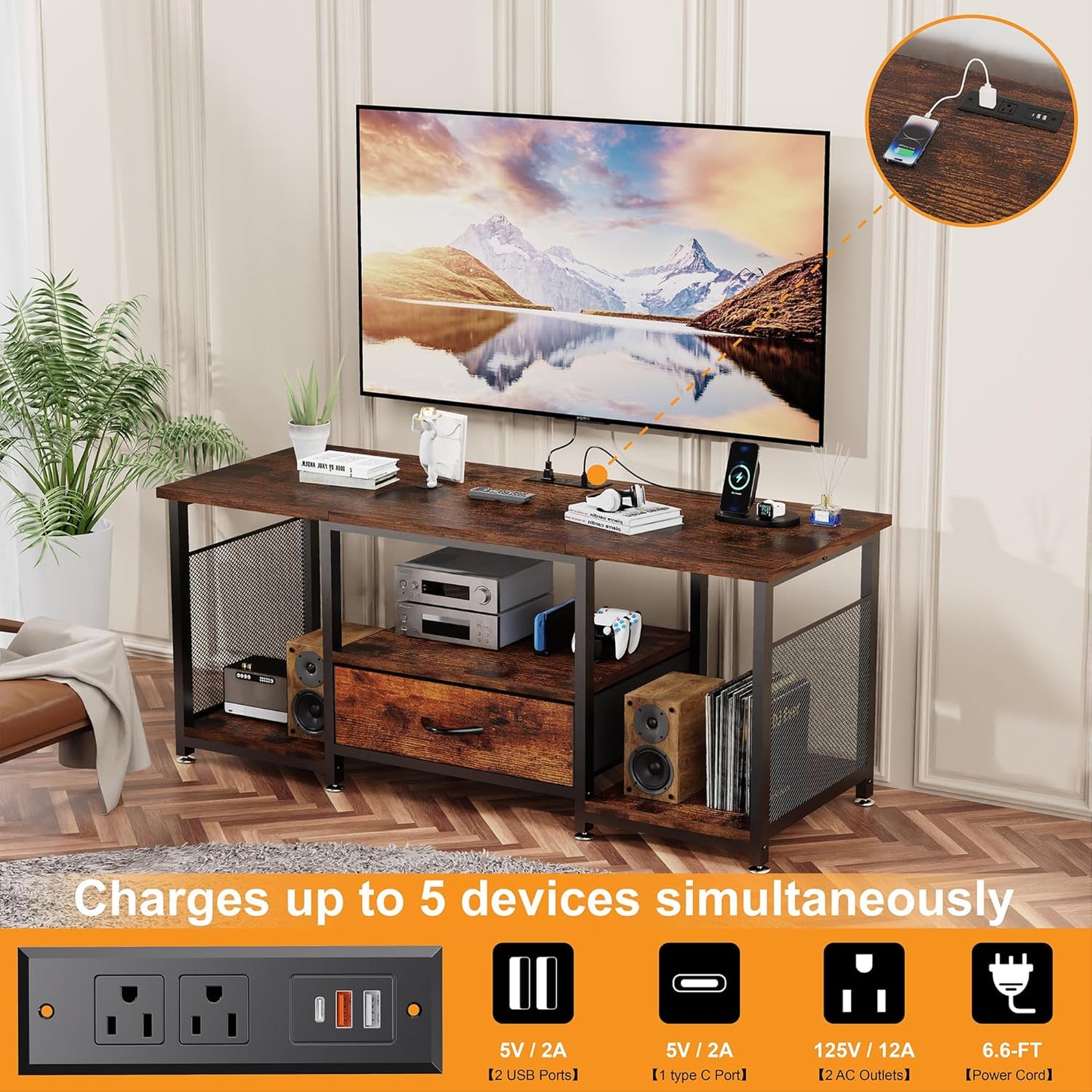 TV Stand with Drawers and Power Outlet for 65 60 55 Inch TV, Entertainment Center with Open Storage Shelves, Industrial Media TV Console Table for Living Room Bedroom Office, Rustic Brown