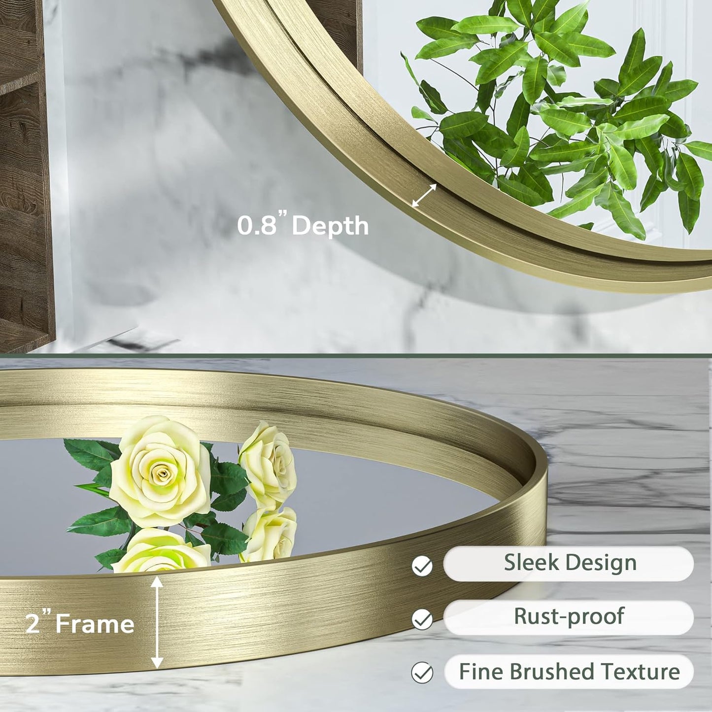 TokeShimi Brushed Gold Round Mirror 30 Inch Gold Round Vanity Bathroom Mirror for Wall Aluminum Alloy Matte Metal Frame Modern Gold Circle Mirror Fit in Minimalist Multi Style Home Decor