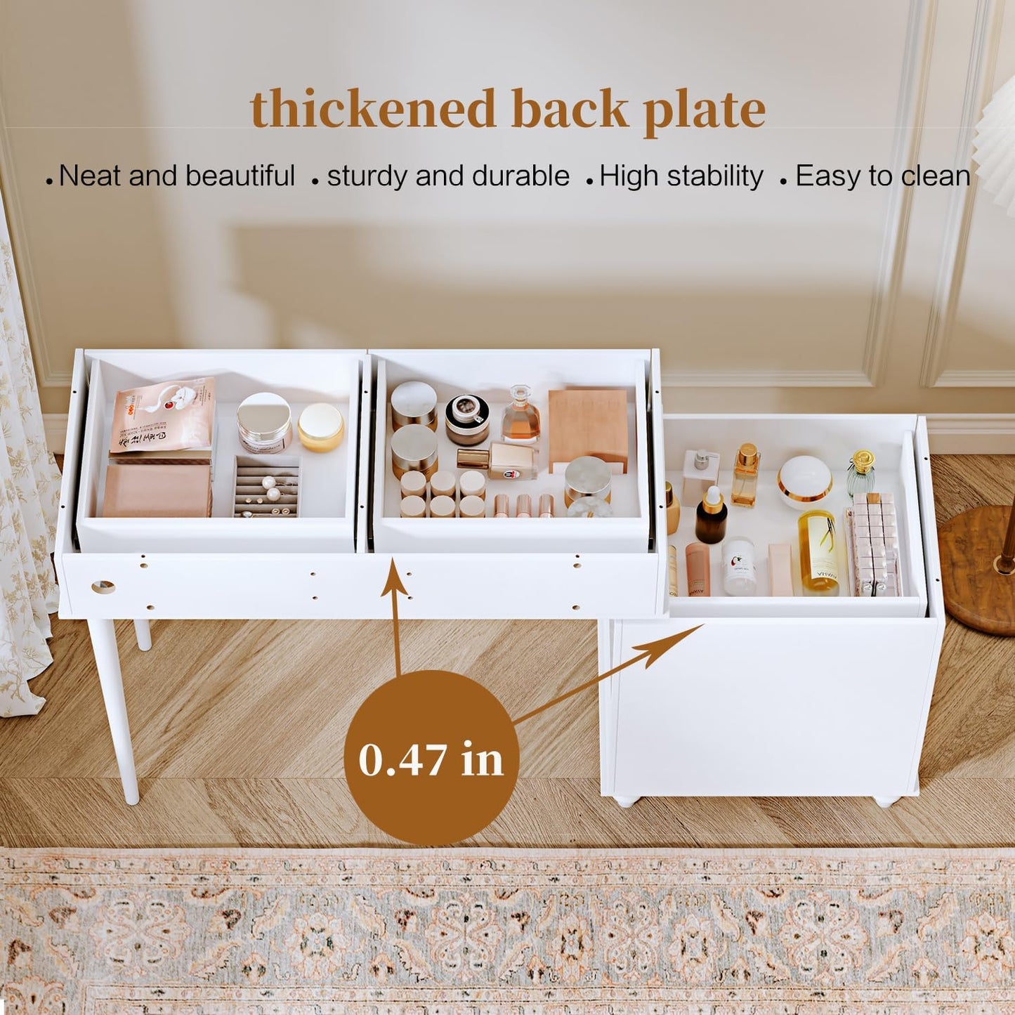 White,Vanity Desk with Mirror and Lights,Makeup Vanity with Power Outlet and Adjustable Cabinet,Modern Makeup Table with 3 Drawers for Bedroom Makeup Room